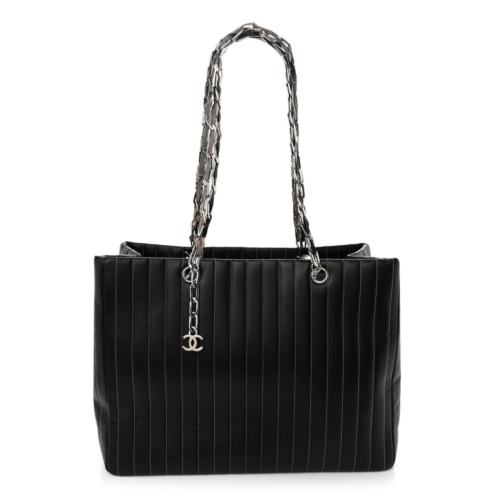 Lambskin Vertical Quilted Large Mademoiselle Tote Black