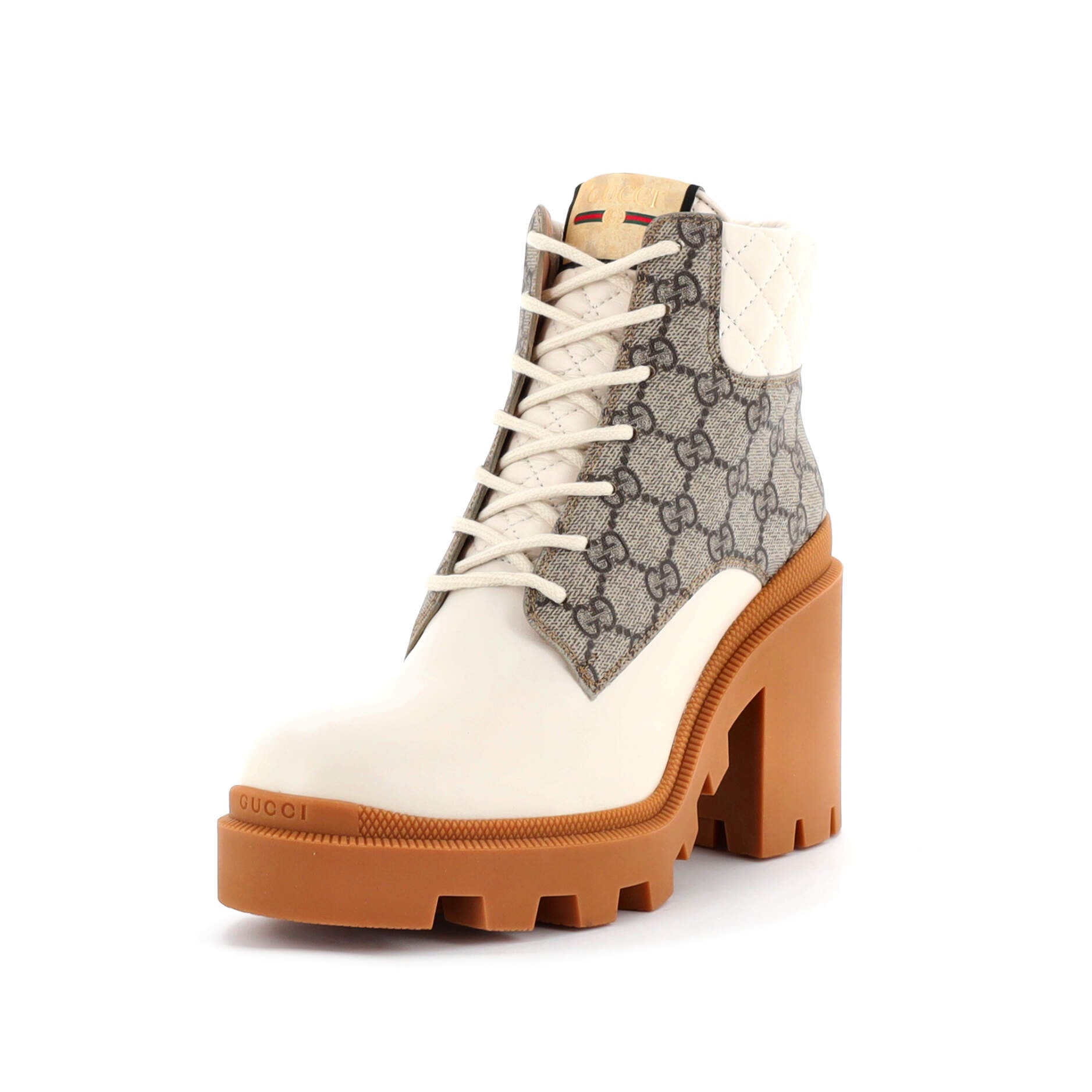 Women's Lace Up Heeled Ankle Boots GG Coated Canvas with Quilted Leather