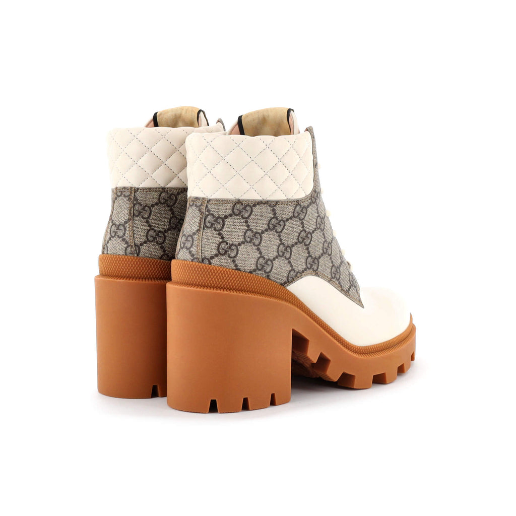 Women's Lace Up Heeled Ankle Boots GG Coated Canvas with Quilted Leather