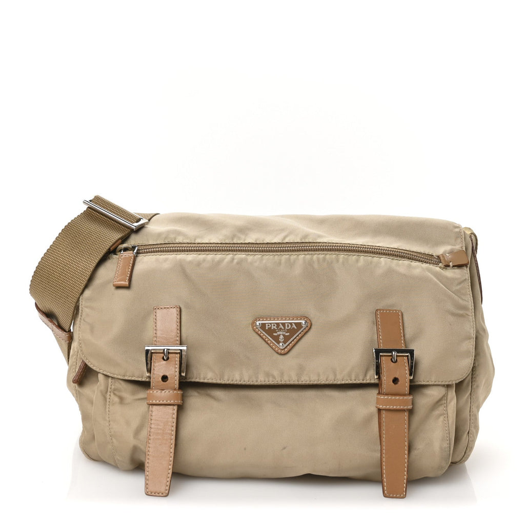 Re-Nylon Vela Saffiano Pocket Double Buckle Messenger Shoulder Bag Cammeo
