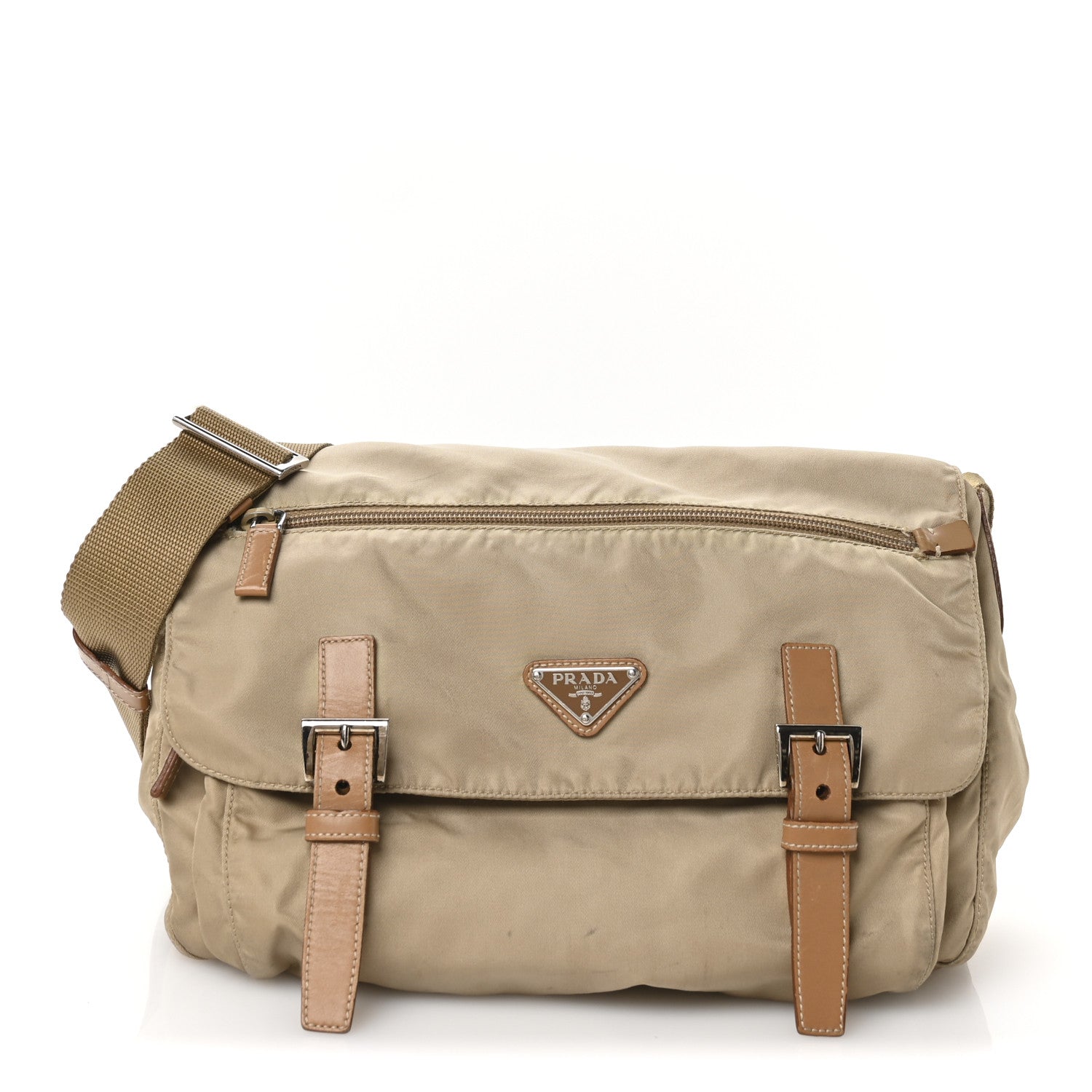 Re-Nylon Vela Saffiano Pocket Double Buckle Messenger Shoulder Bag Cammeo