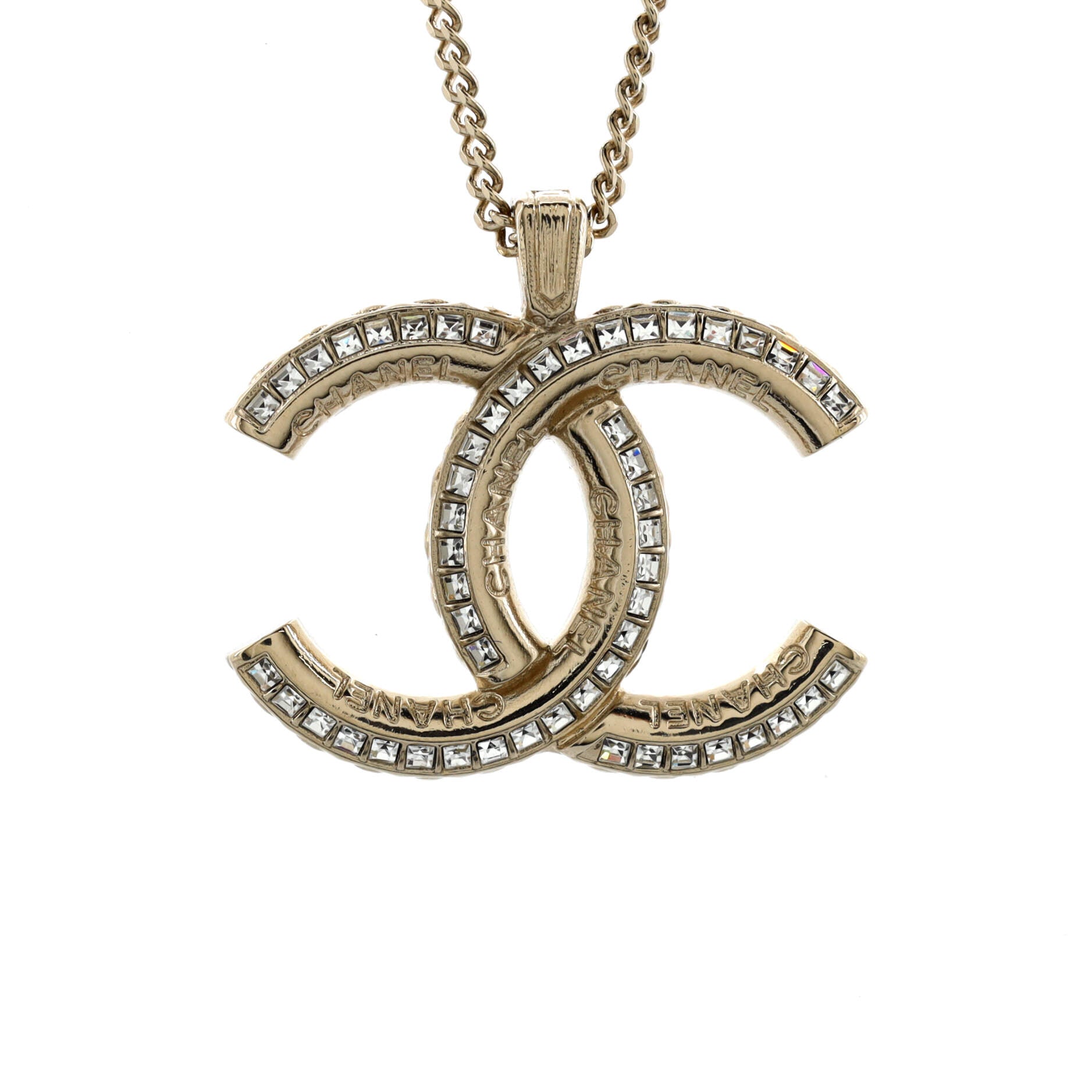 Multi-Logo Engraved CC Pendant Necklace Metal with Crystals