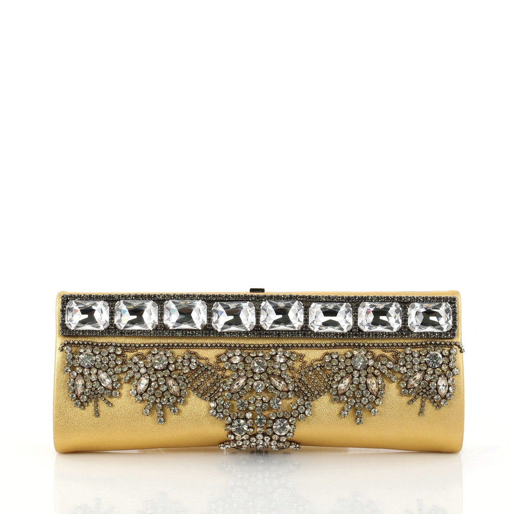 Chain Frame Clutch Embellished Leather Long