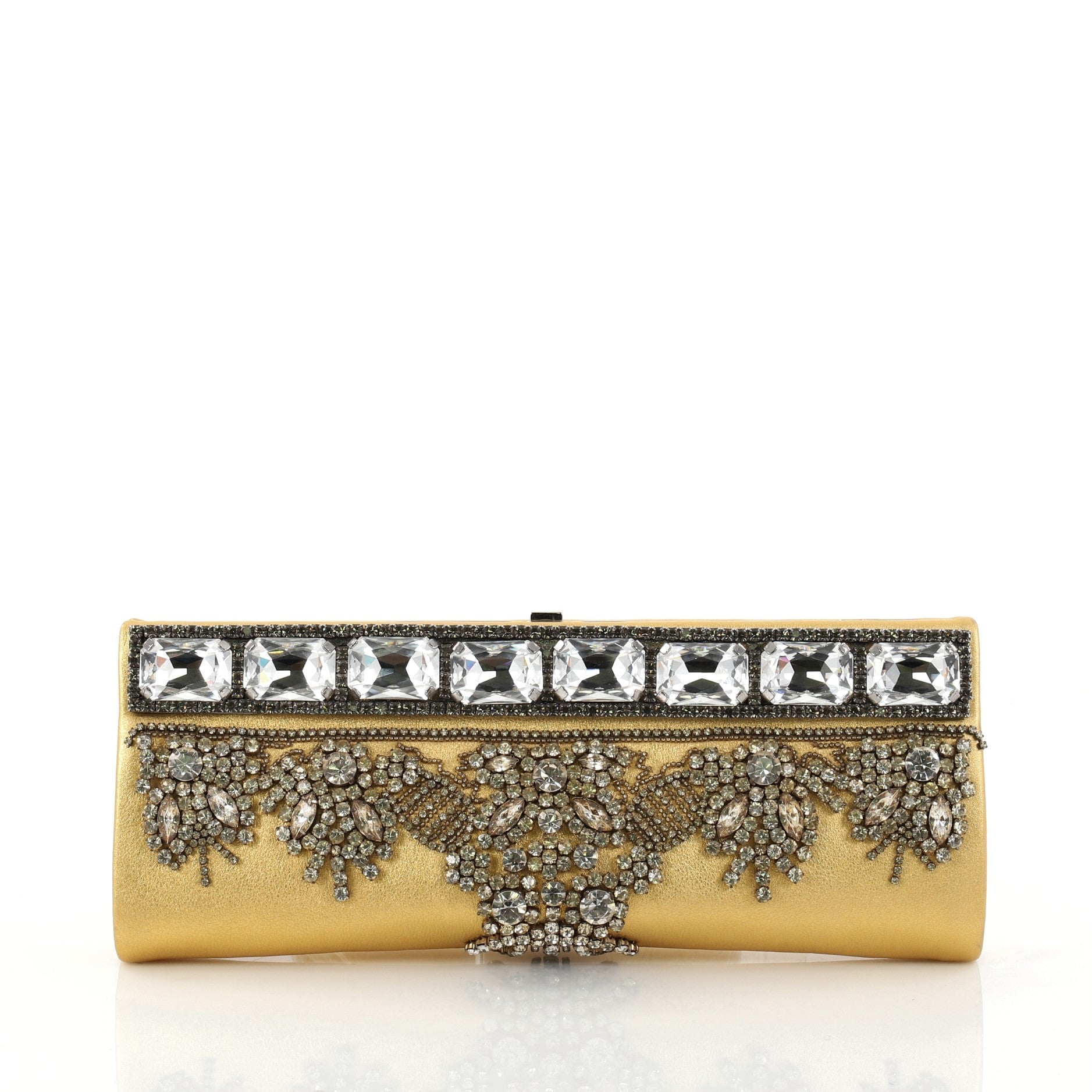 Chain Frame Clutch Embellished Leather Long