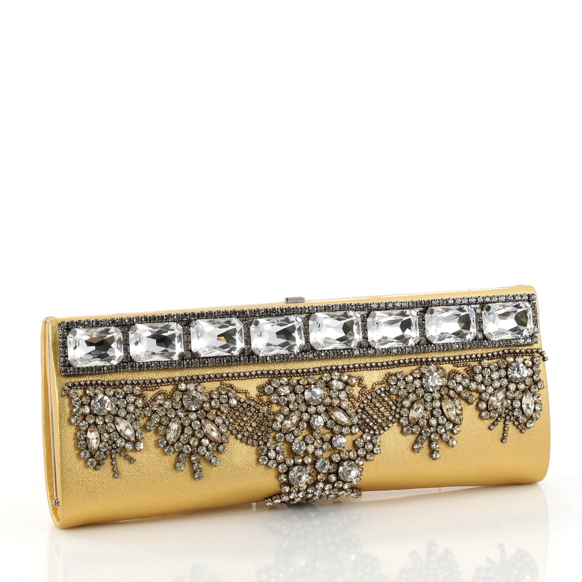 Chain Frame Clutch Embellished Leather Long