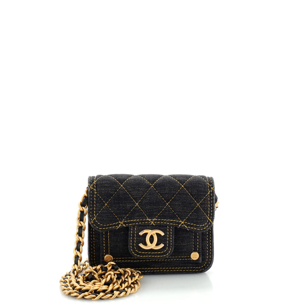 Double You CC Flap Clutch with Chain Quilted Denim