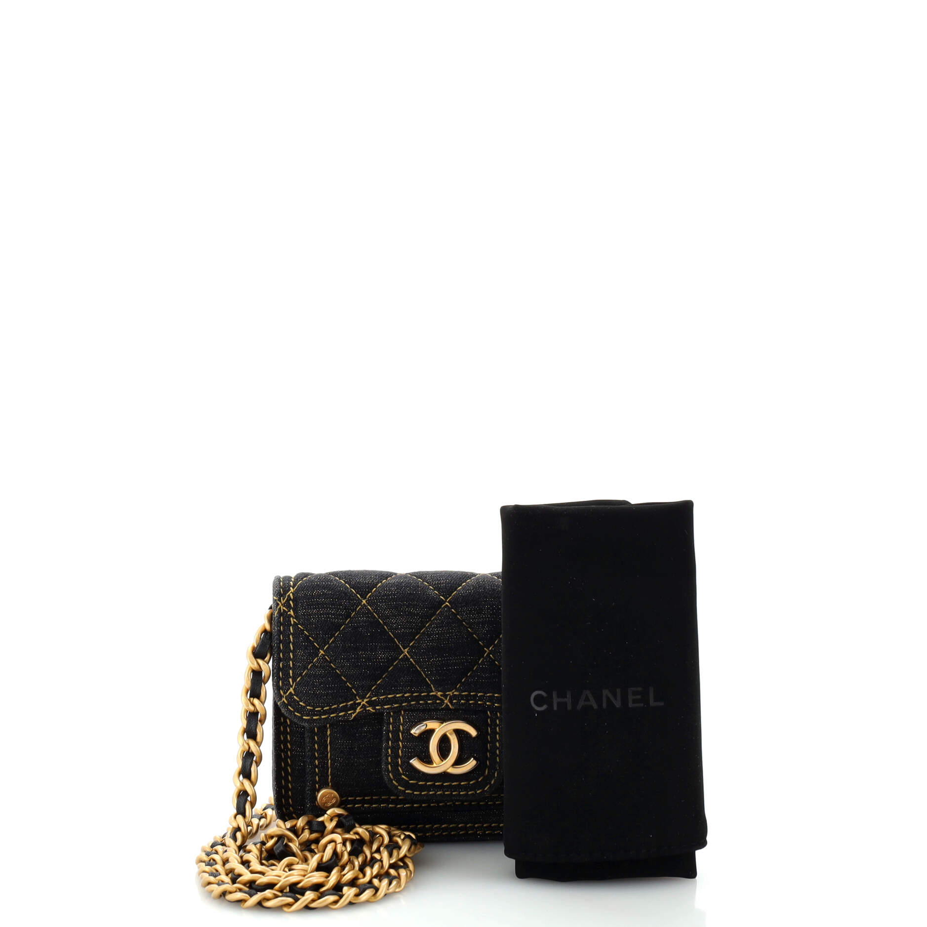 Double You CC Flap Clutch with Chain Quilted Denim