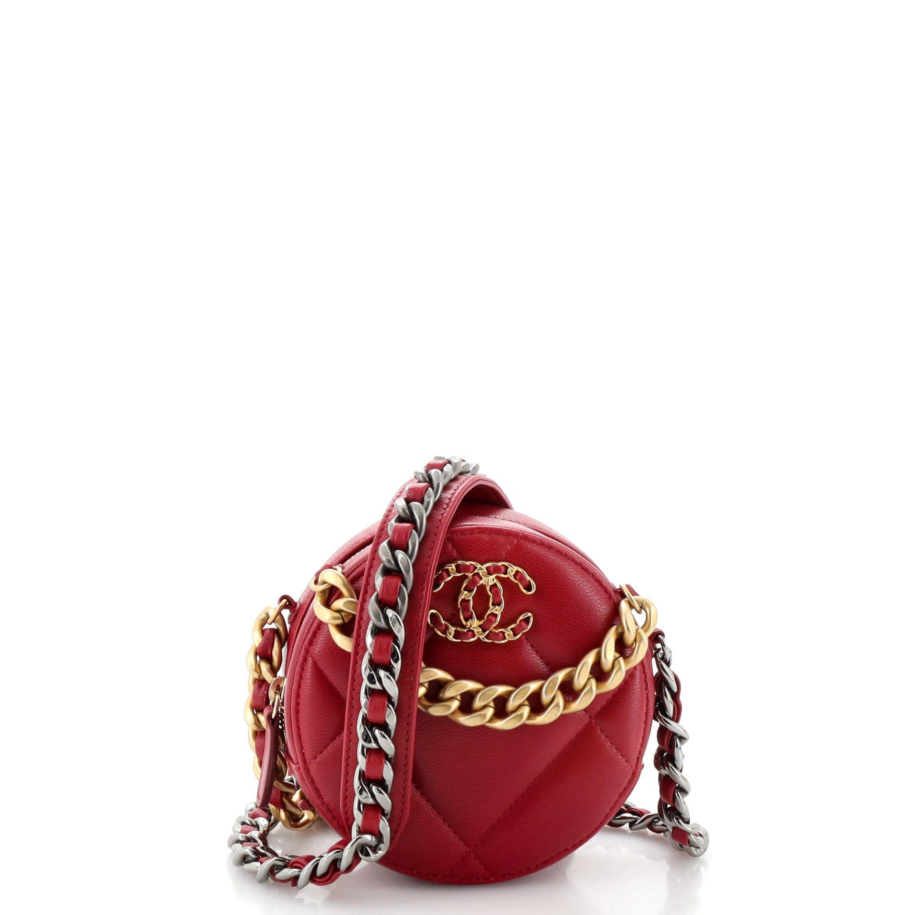19 Round Clutch with Chain Quilted Leather