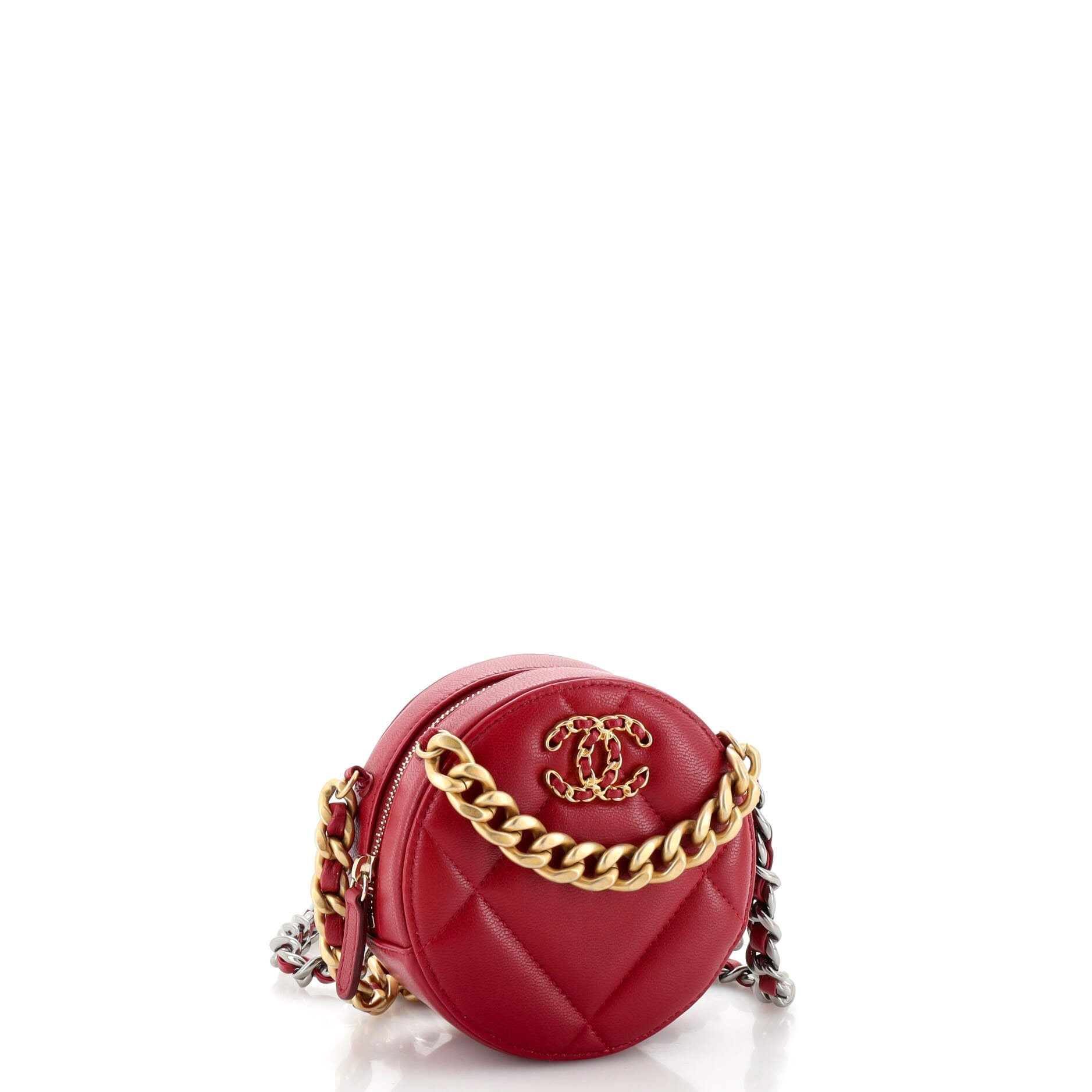 19 Round Clutch with Chain Quilted Leather