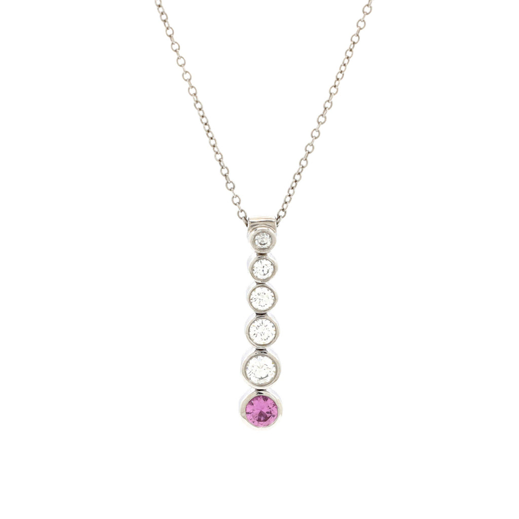 Jazz Graduated Drop Pendant Necklace Platinum with Diamonds and Pink Sapphire