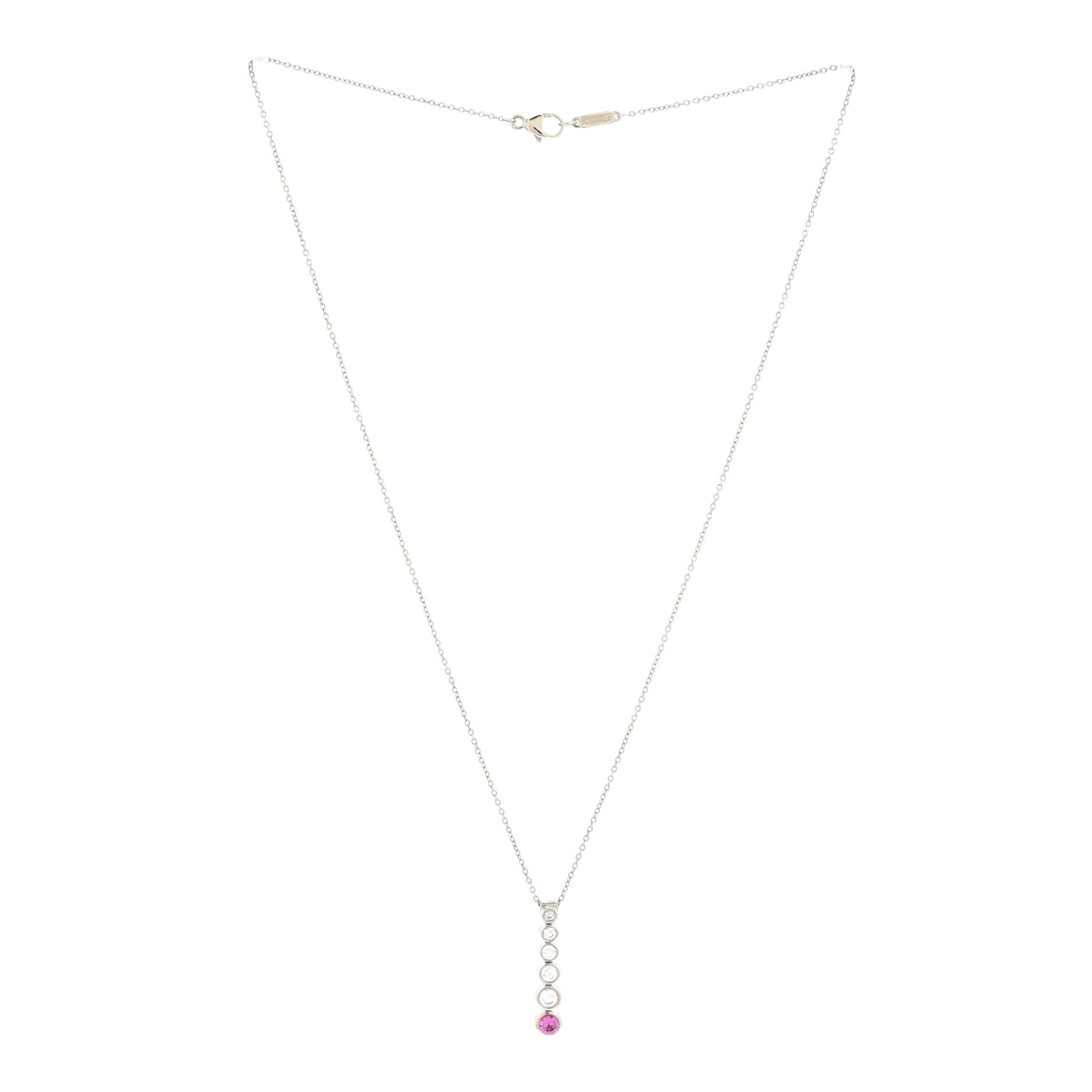 Jazz Graduated Drop Pendant Necklace Platinum with Diamonds and Pink Sapphire
