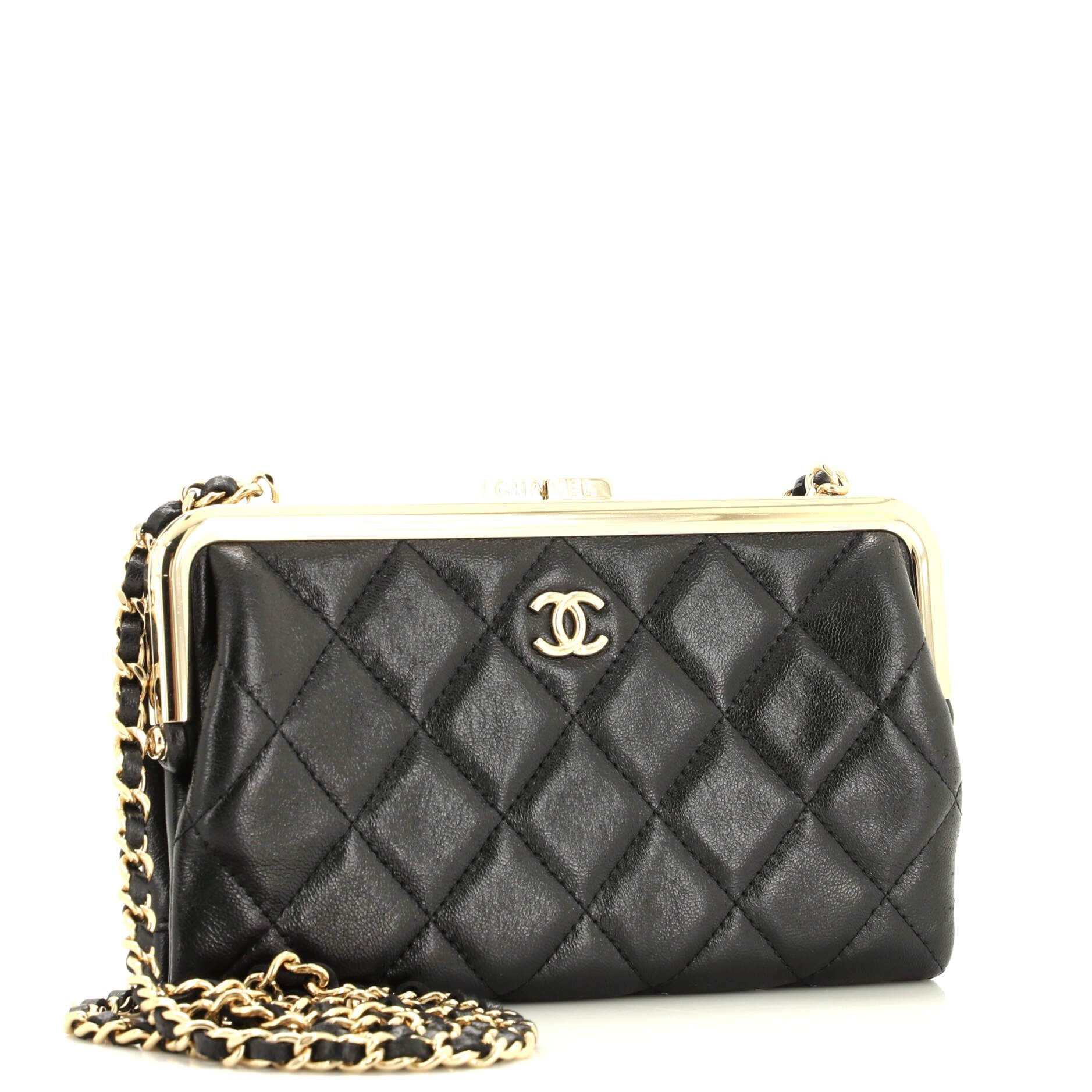Logo Clasp Frame Clutch with Chain Quilted Lambskin Small