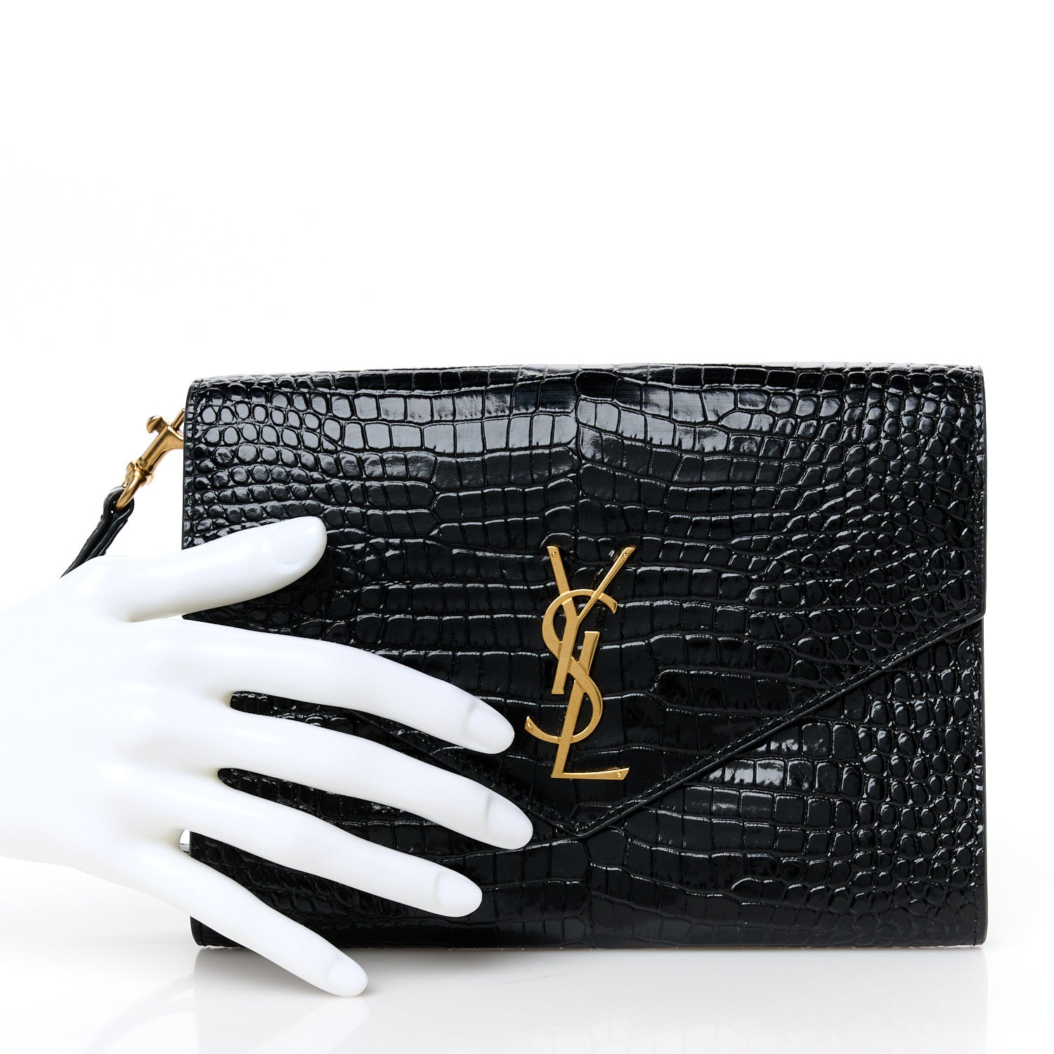 Calfskin Crocodile Embossed Monogram Cassandre Flap Pouch Black