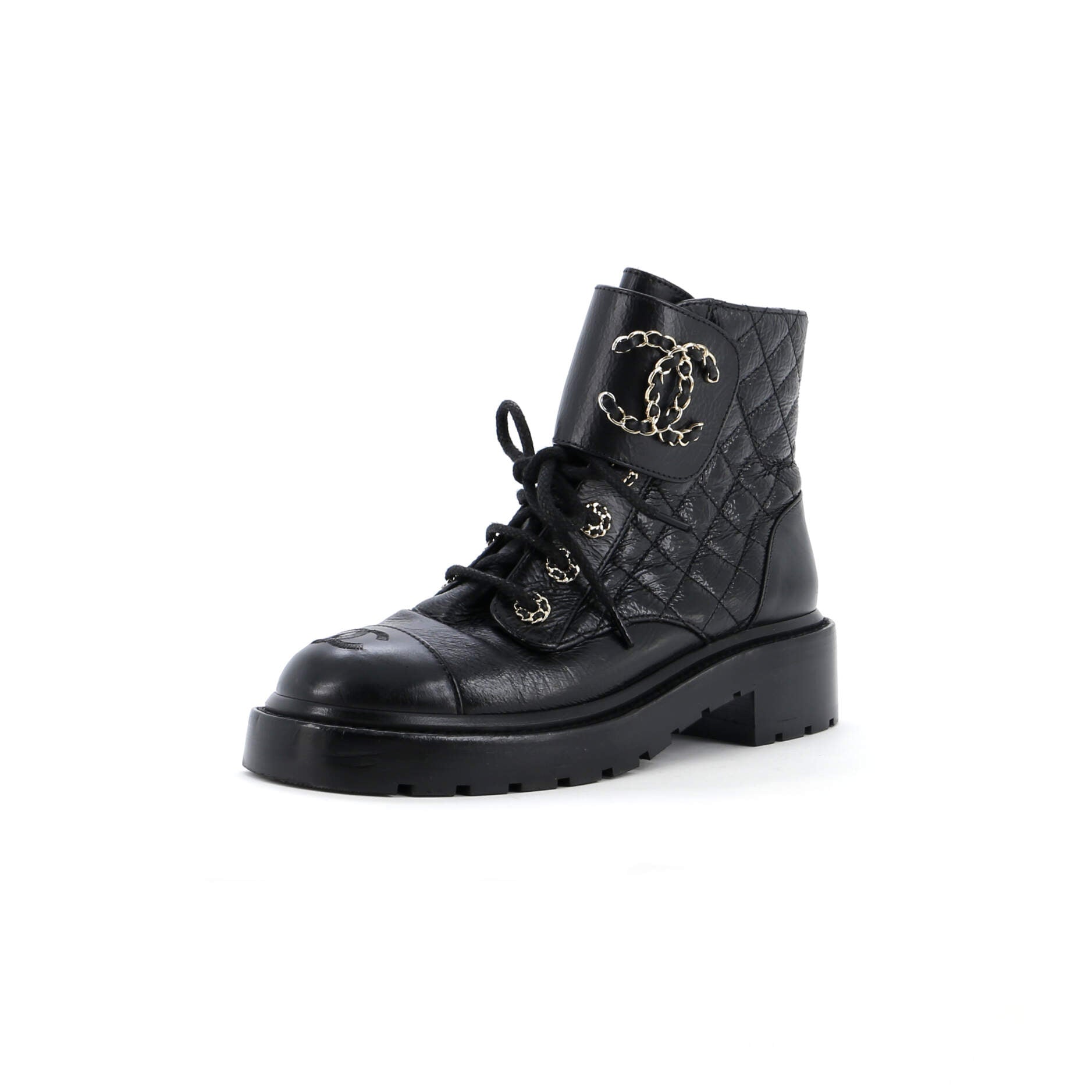 Women's Chain CC Cap Toe Lace Up Combat Boots Quilted Leather
