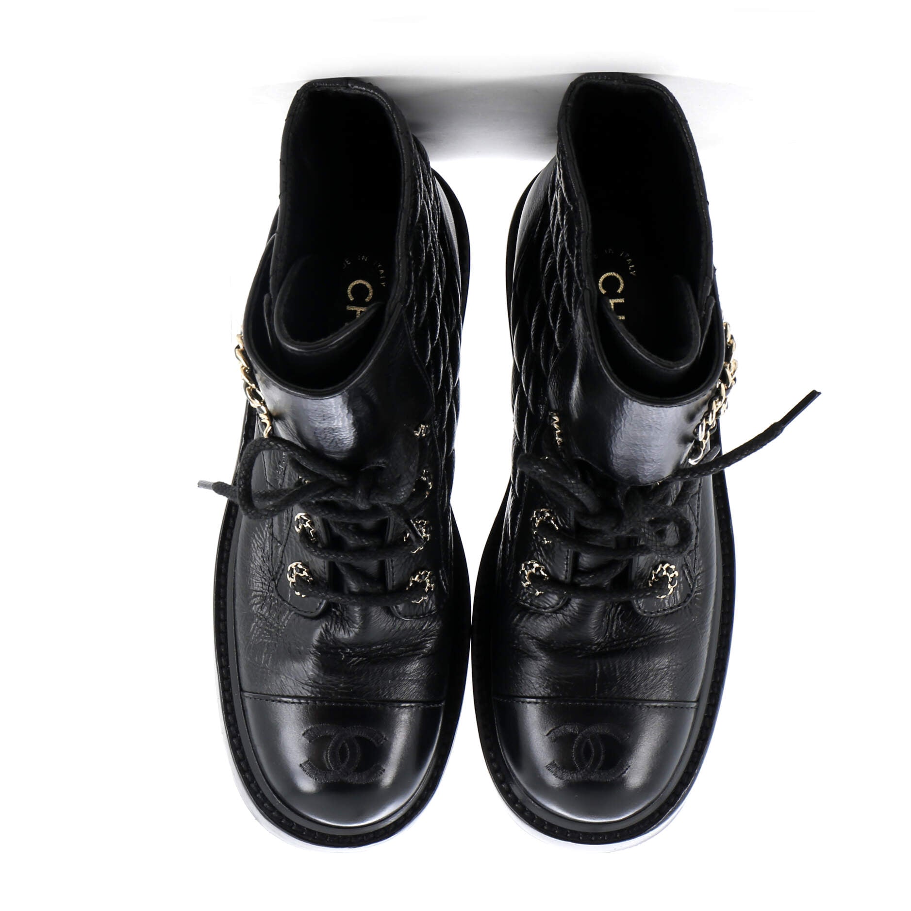 Women's Chain CC Cap Toe Lace Up Combat Boots Quilted Leather