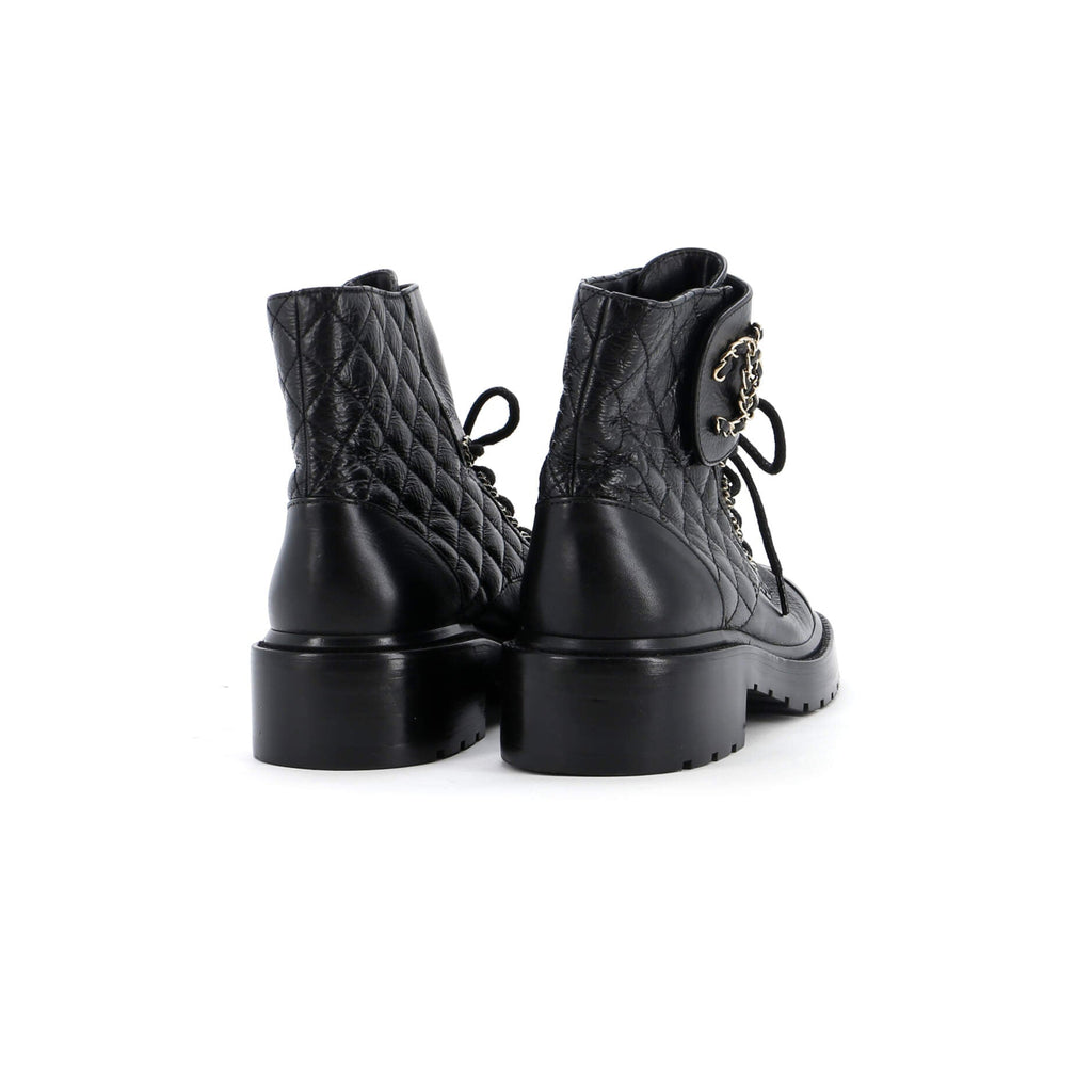Women's Chain CC Cap Toe Lace Up Combat Boots Quilted Leather