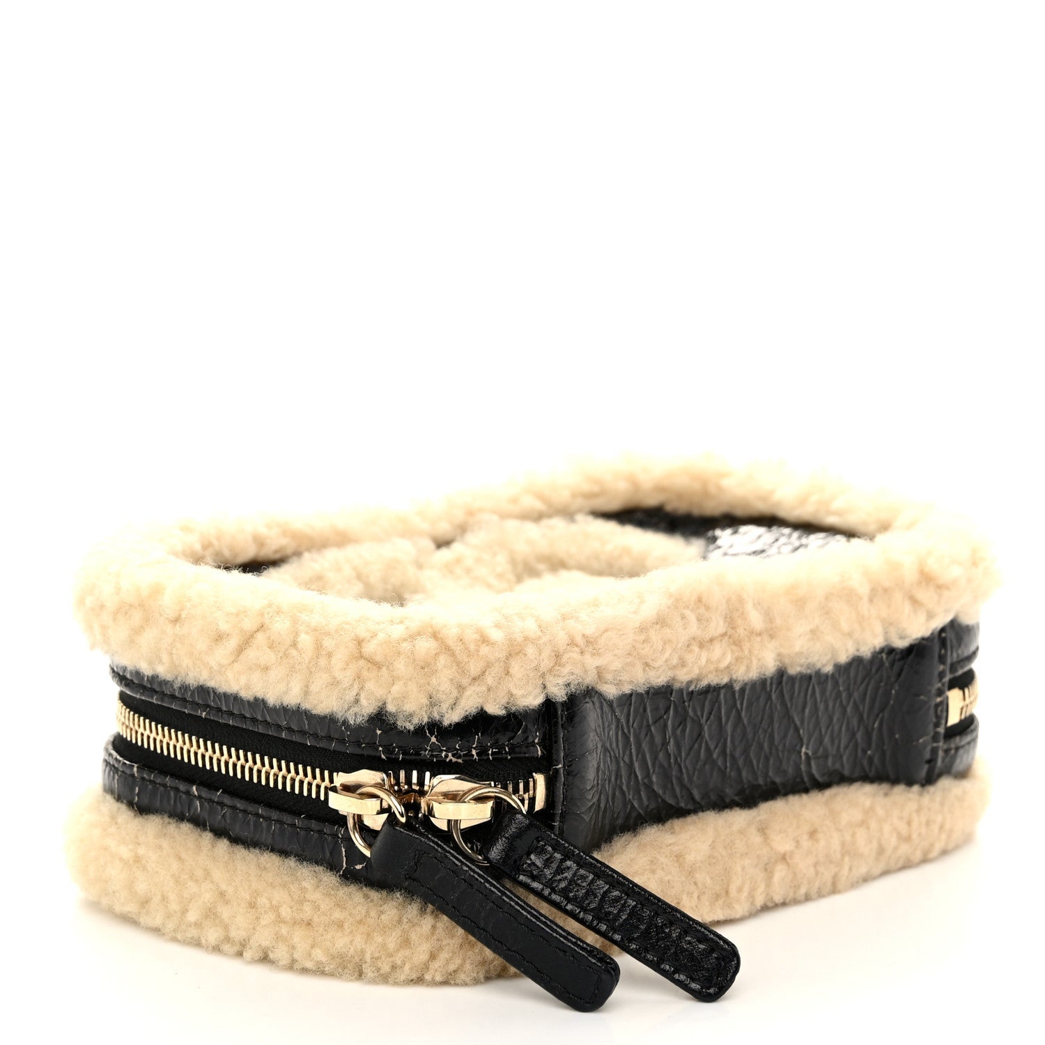 Shiny Crumpled Sheepskin Shearling Waist Bag Black Beige