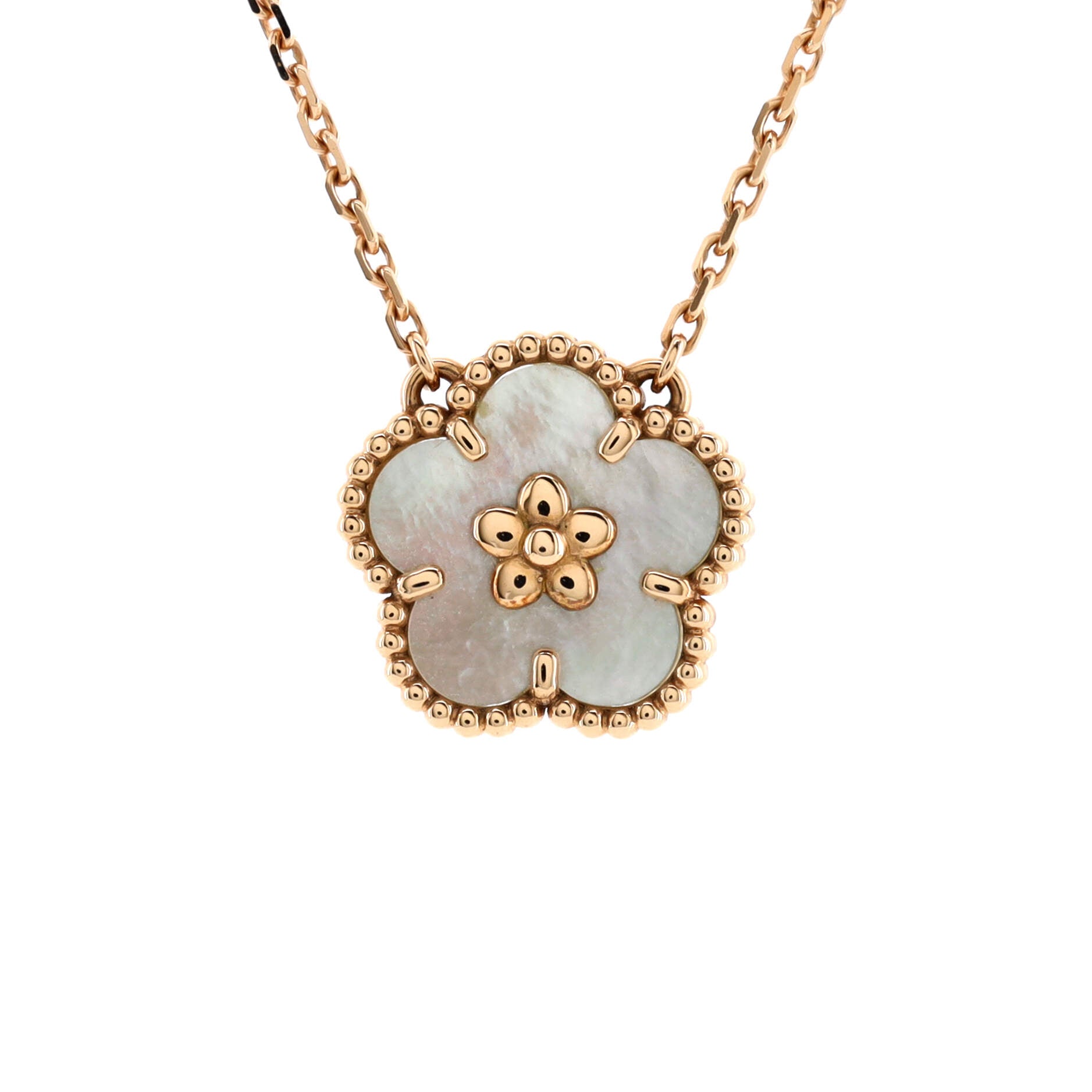 Lucky Spring Plum Blossom Pendant Necklace 18K Rose Gold and Mother of Pearl