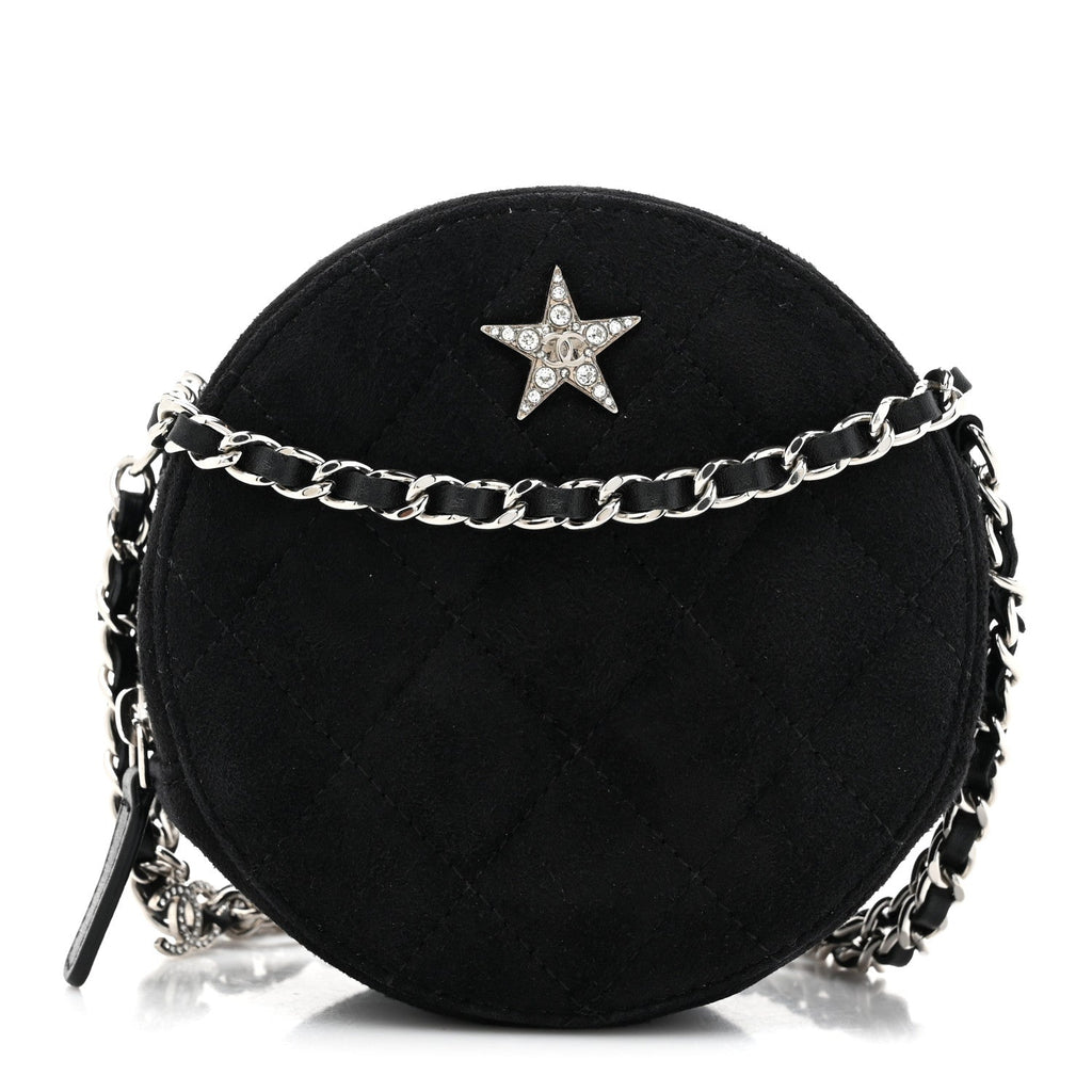 Suede Quilted Crystal Round Clutch With Logo Chain Black