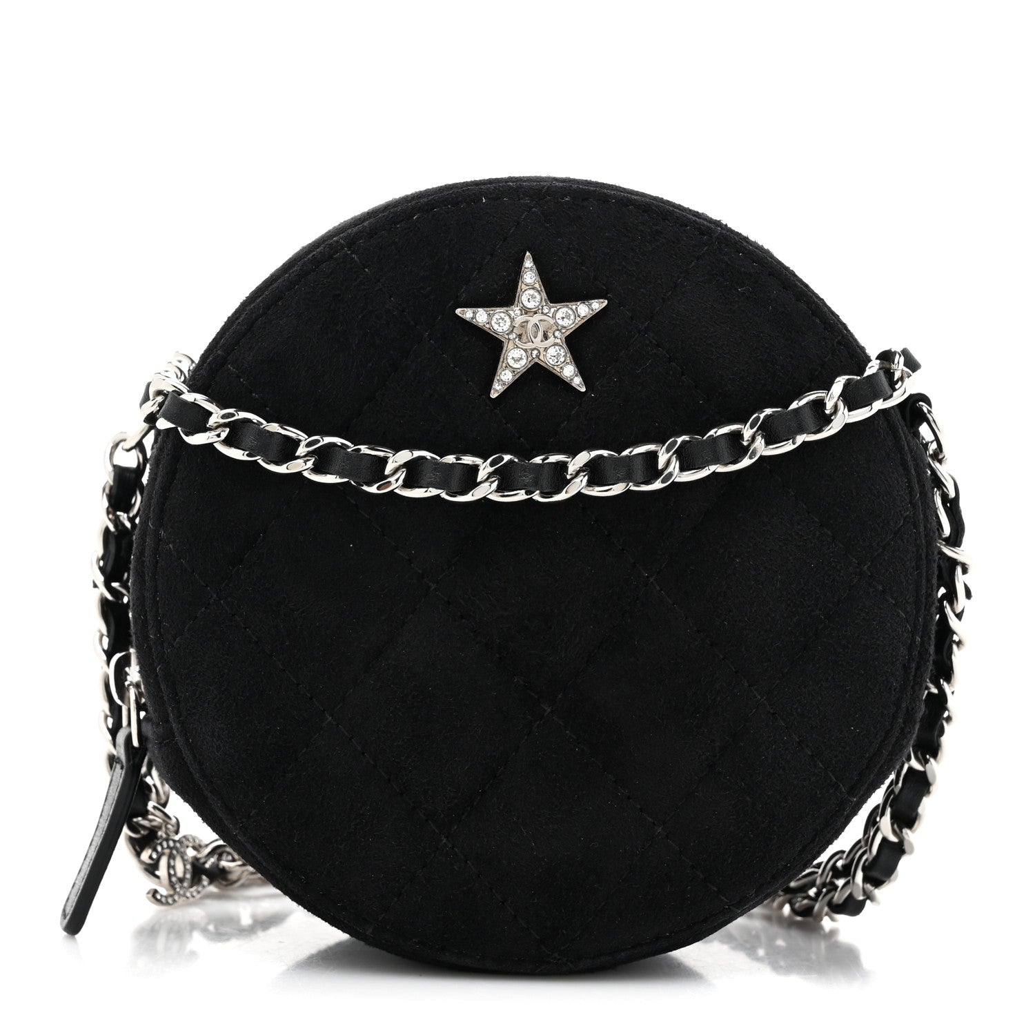 Suede Quilted Crystal Round Clutch With Logo Chain Black