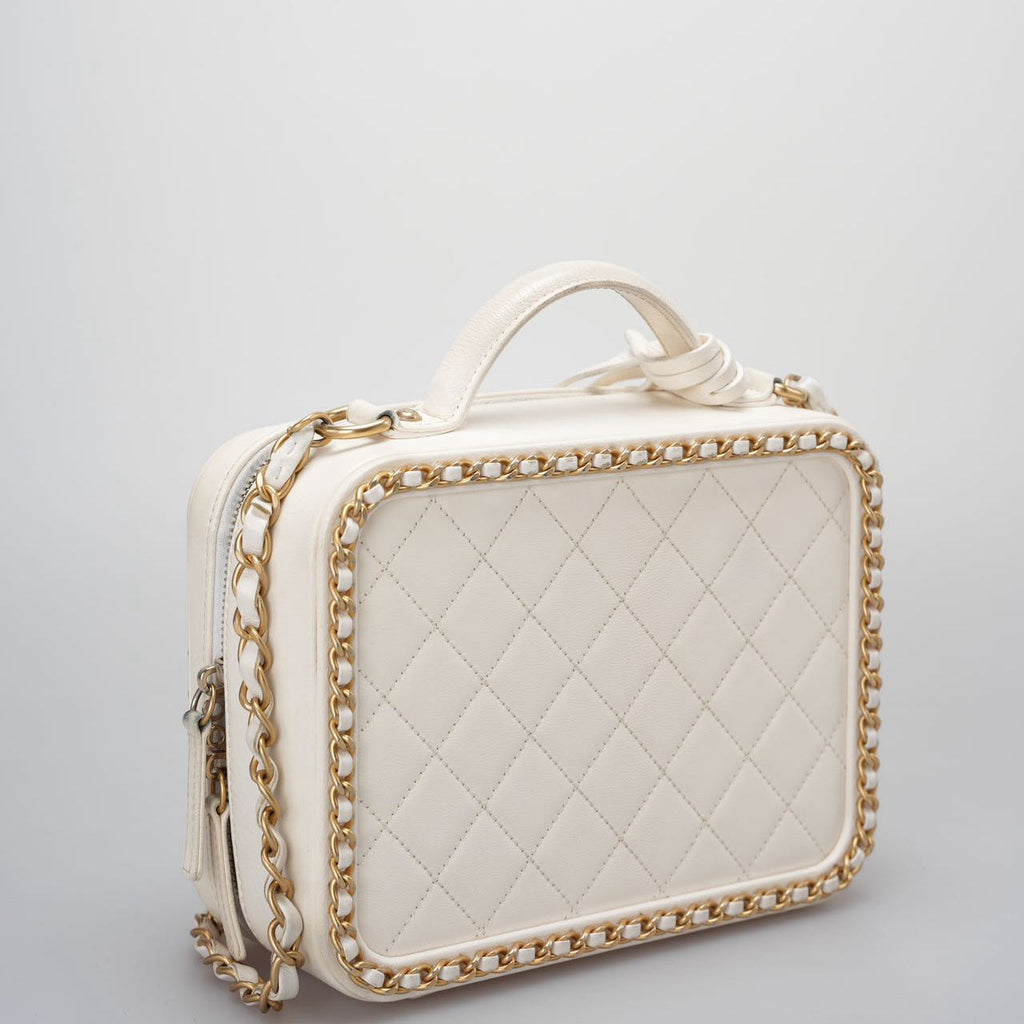 Chanel White Vanity Case Bag In Quilted Leather CC Filigree Chain Around