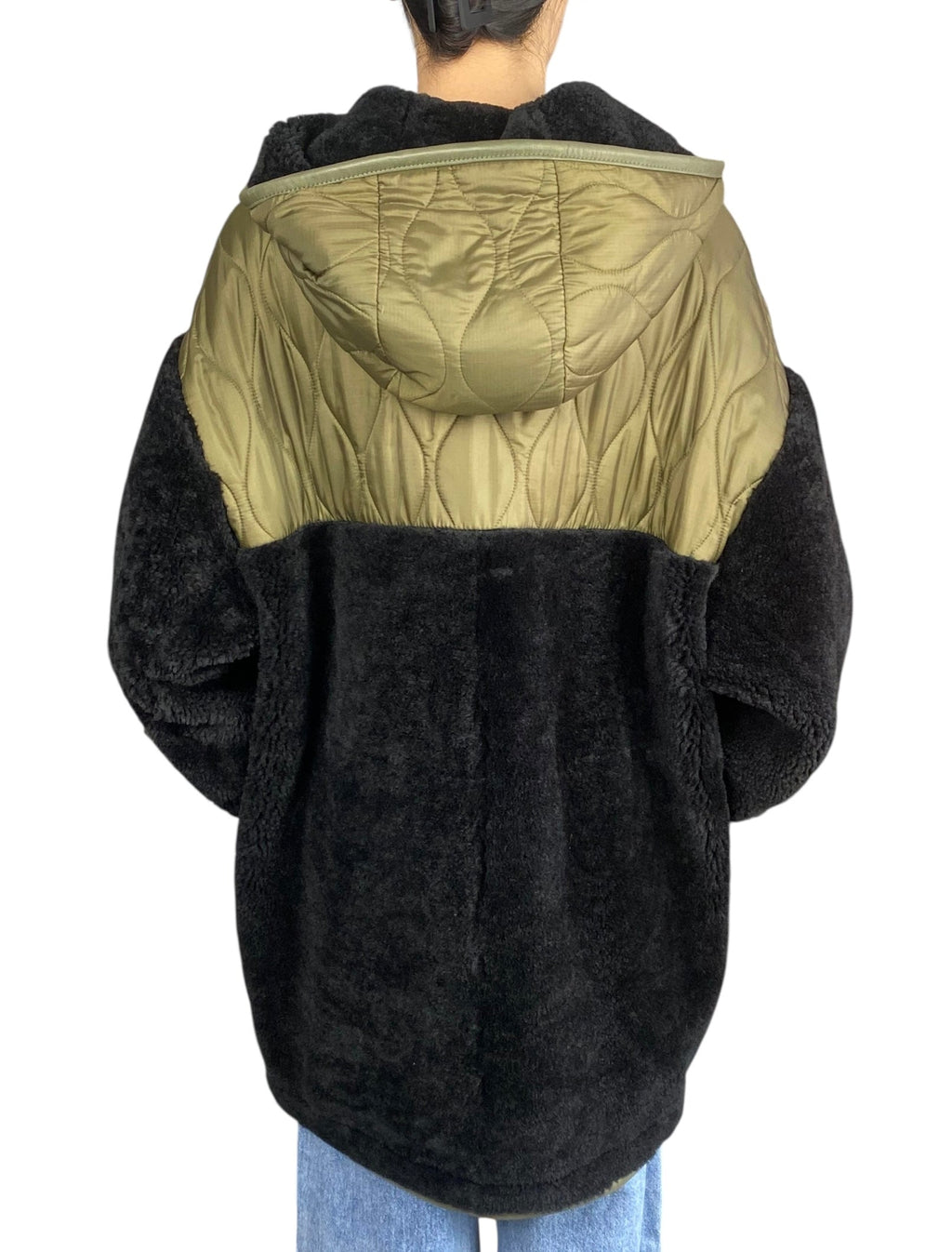 Halfboy Green and Black Shearling Hooded Coat - XS