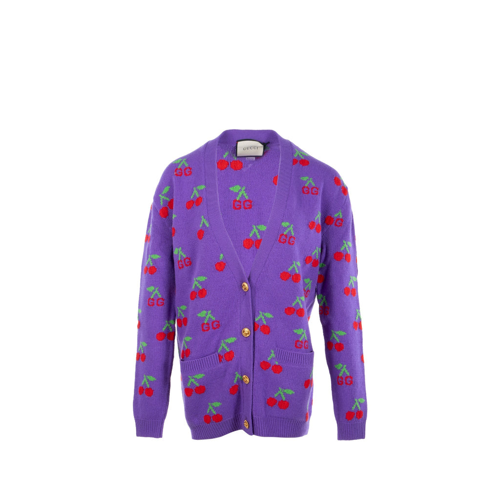 Gucci Size S GG Cherry Intarsia Knit igan Wool Purple