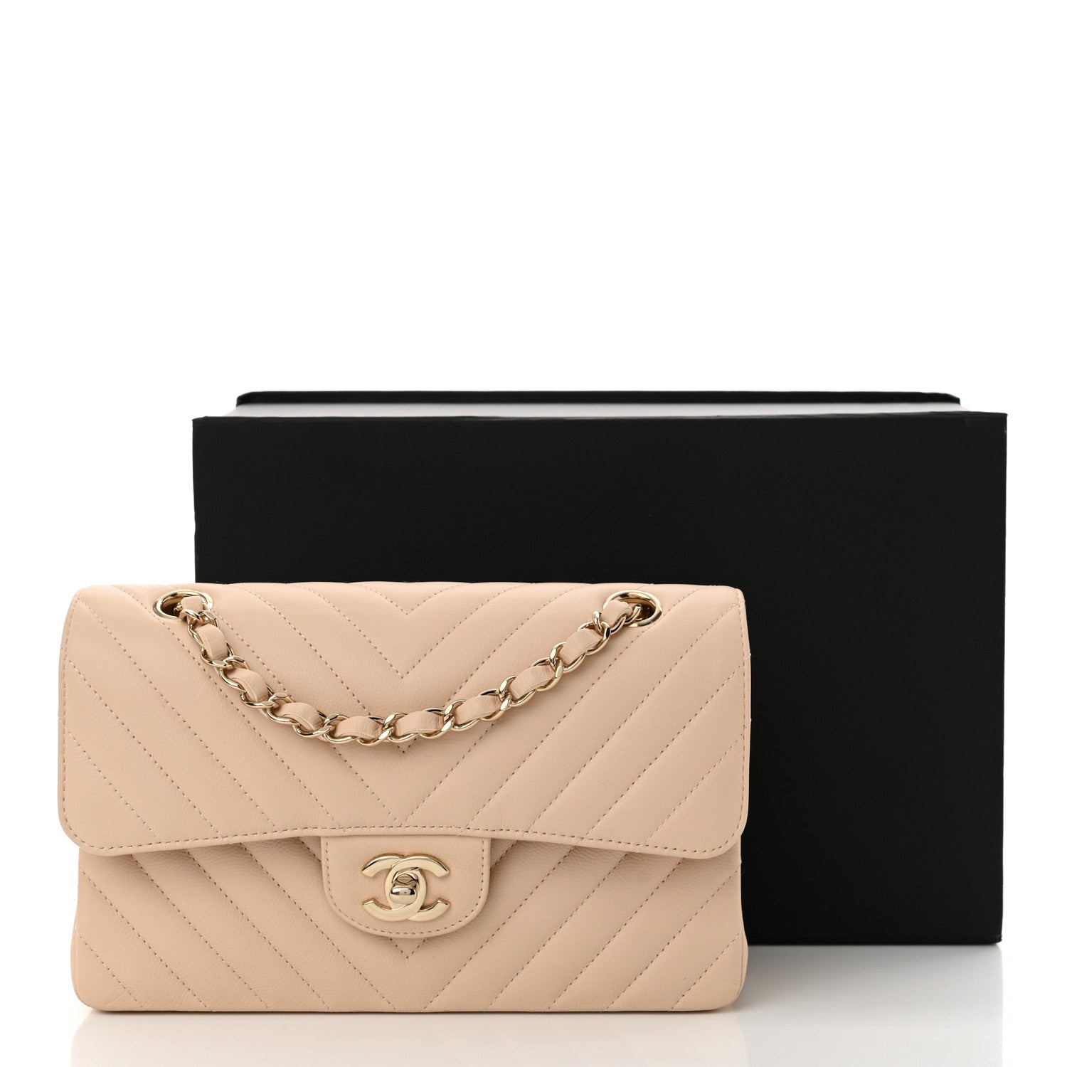 Caviar Chevron Quilted Small Double Flap Beige