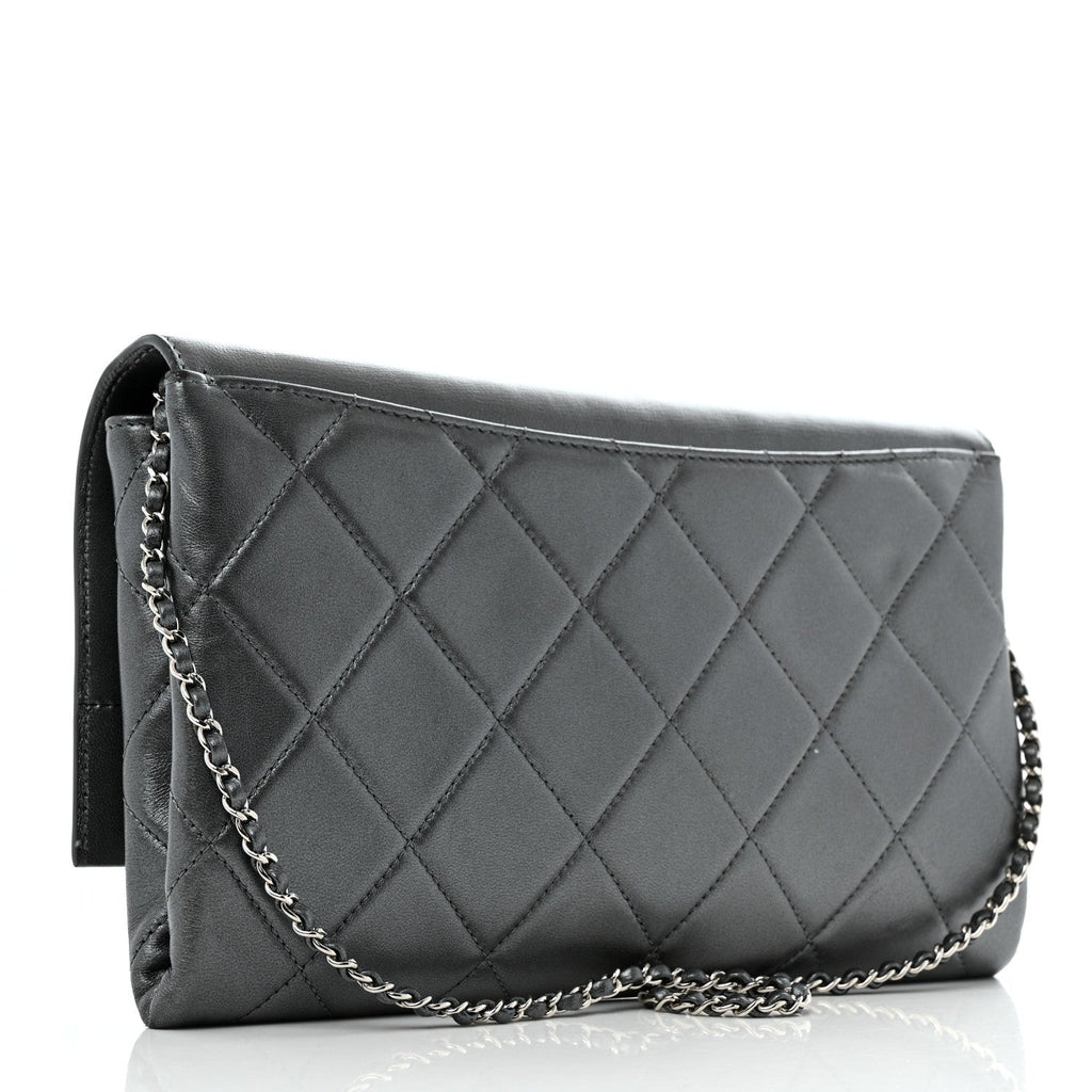Metallic Lambskin Quilted Retro Label Clutch Charcoal Grey