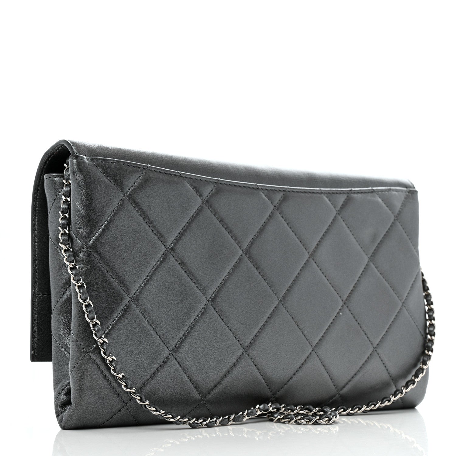 Metallic Lambskin Quilted Retro Label Clutch Charcoal Grey