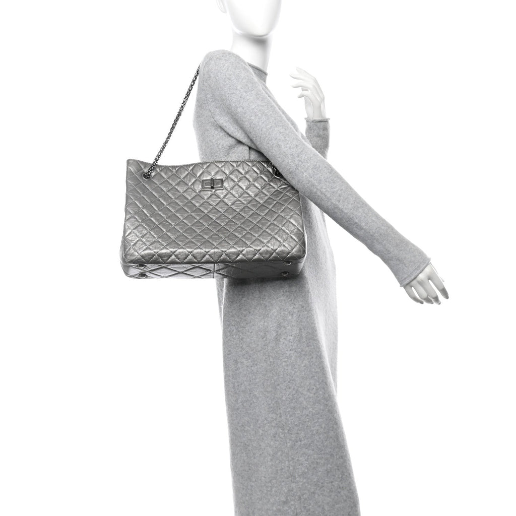 Metallic Aged Calfskin Reissue 2.55 Tote Silver