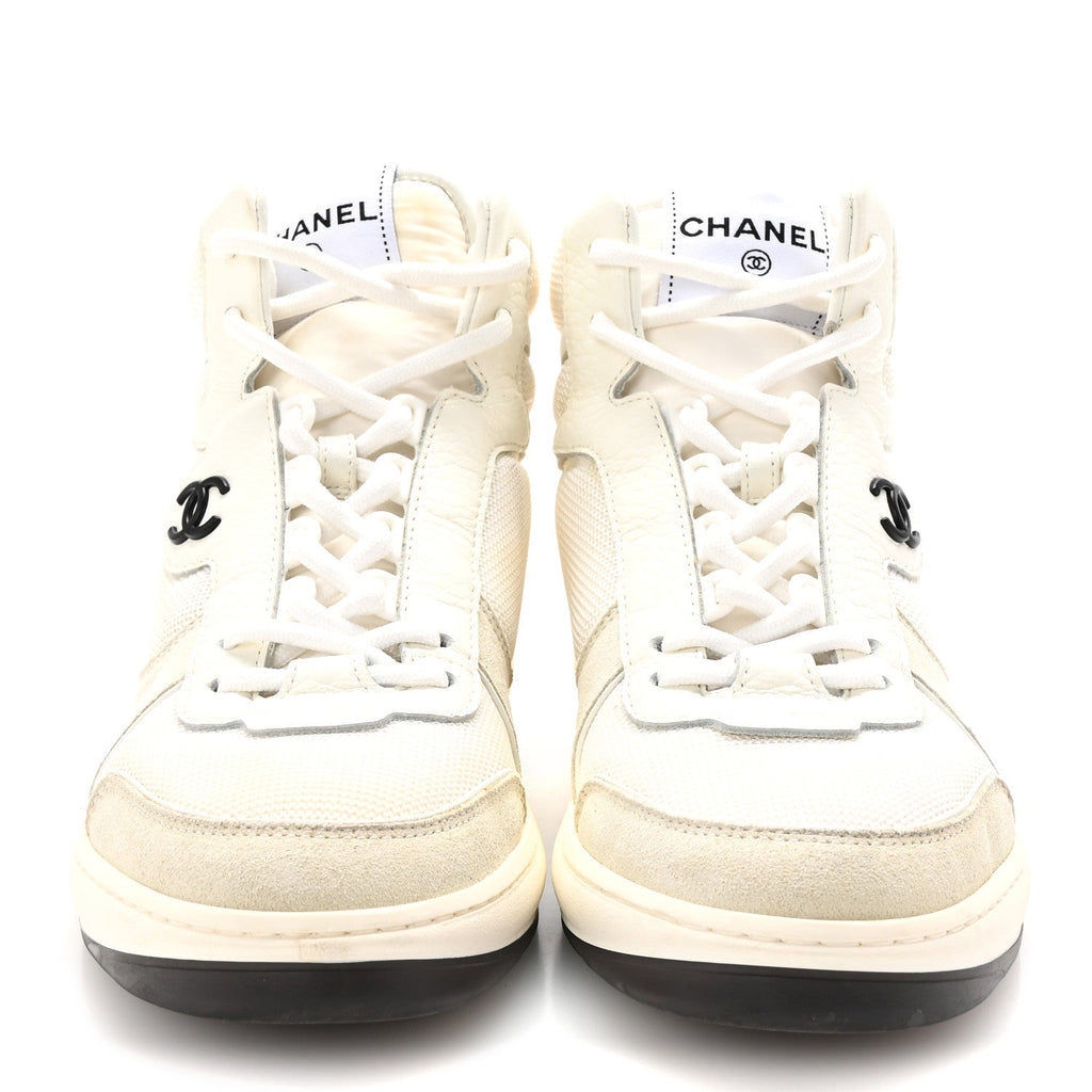 Suede Fabric Grained Calfskin Womens CC High Top Sneakers 38.5 White