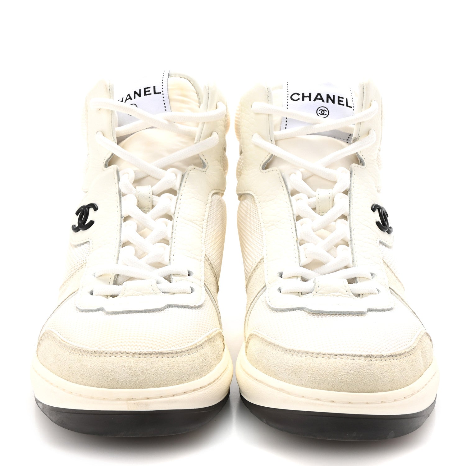 Suede Fabric Grained Calfskin Womens CC High Top Sneakers 38.5 White