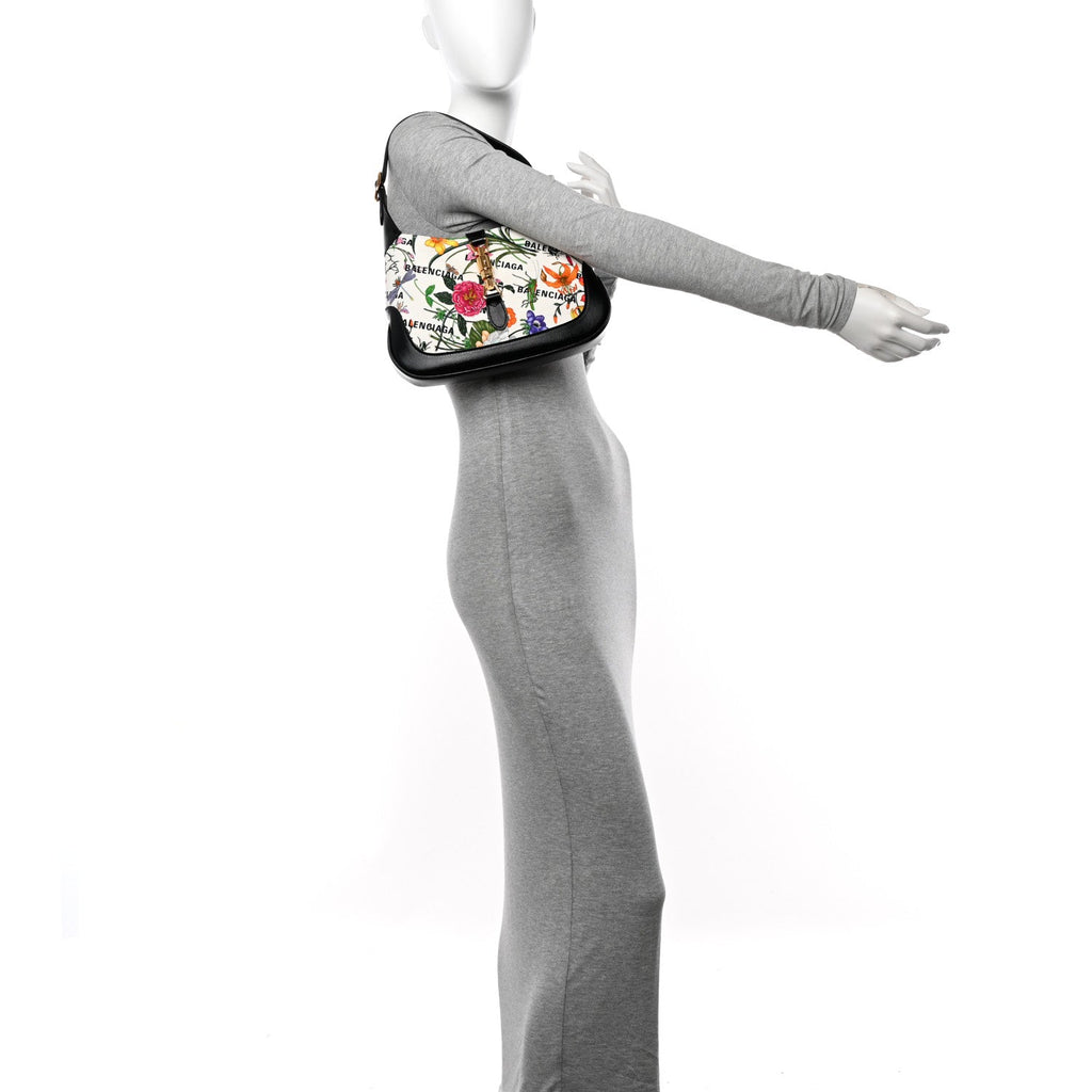X BALENCIAGA Canvas Boarded Pluton Calfskin Flora Logo Print Small Jackie 1961 Hobo White Multicolor Black