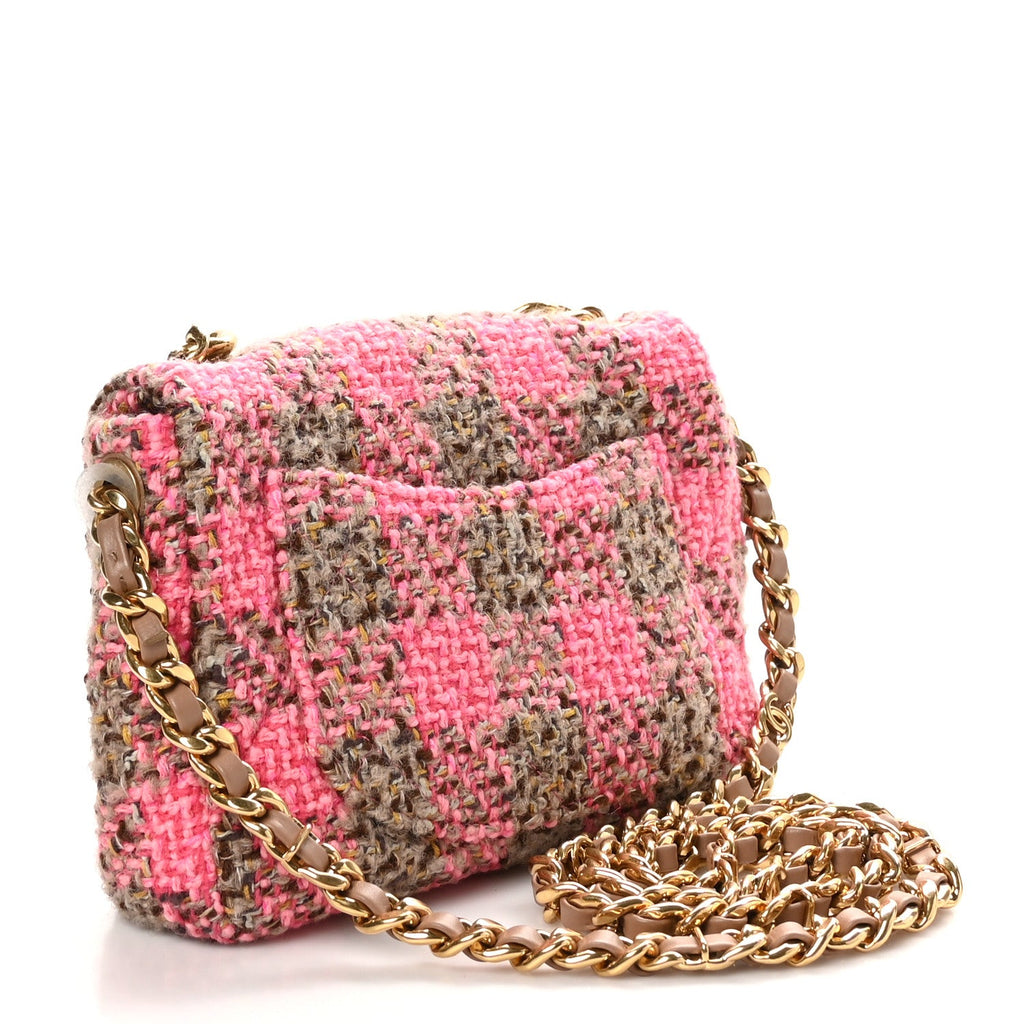 Wool Tweed Quilted Small Elegant Chain Flap Pink Brown