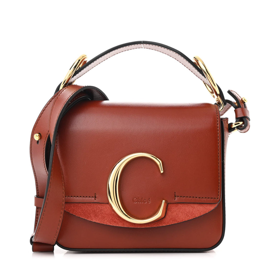 Shiny Calfskin Suede Mini C Double Carry Sepia Brown