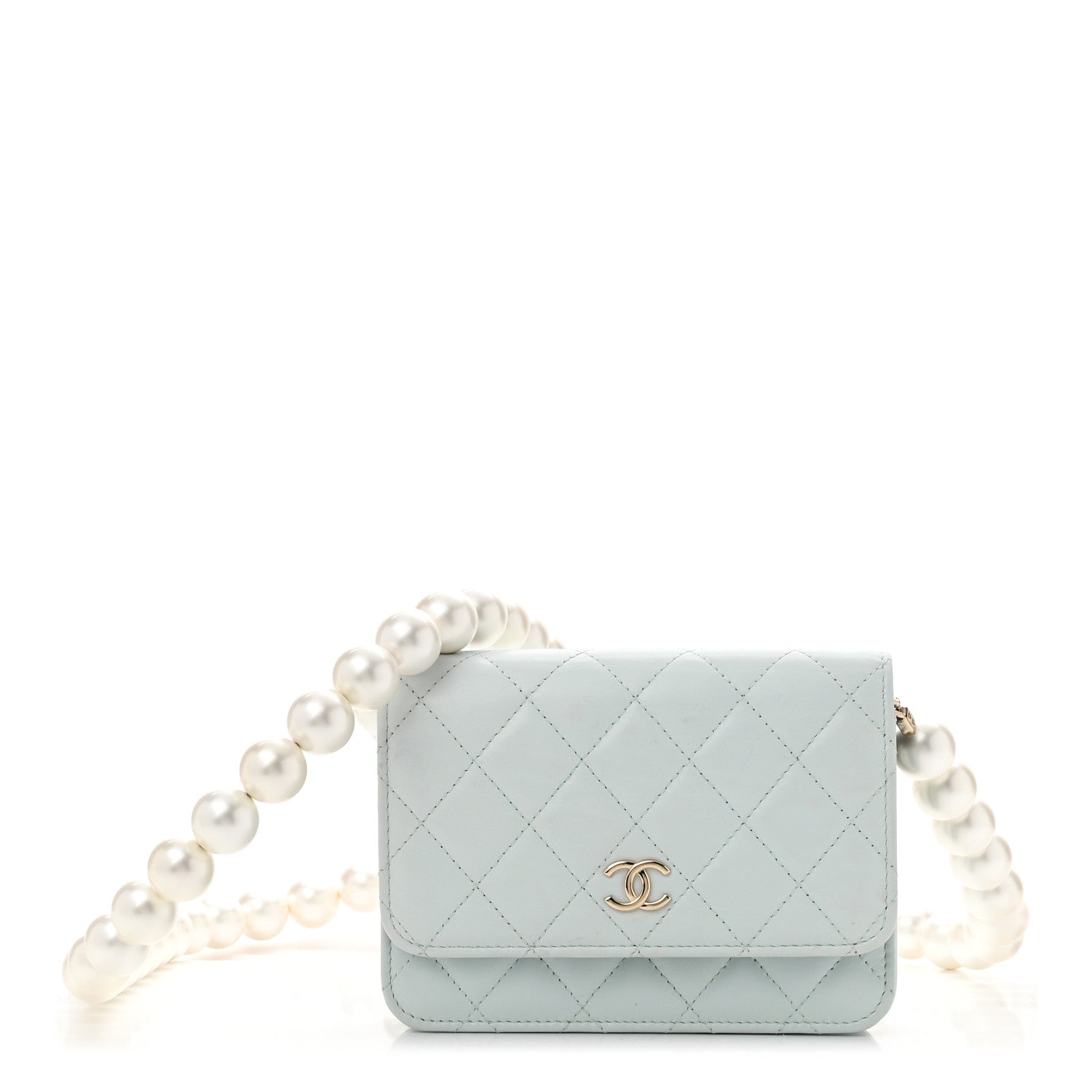 Calfskin Quilted Mini Maxi Pearls Wallet On Chain WOC Light Blue