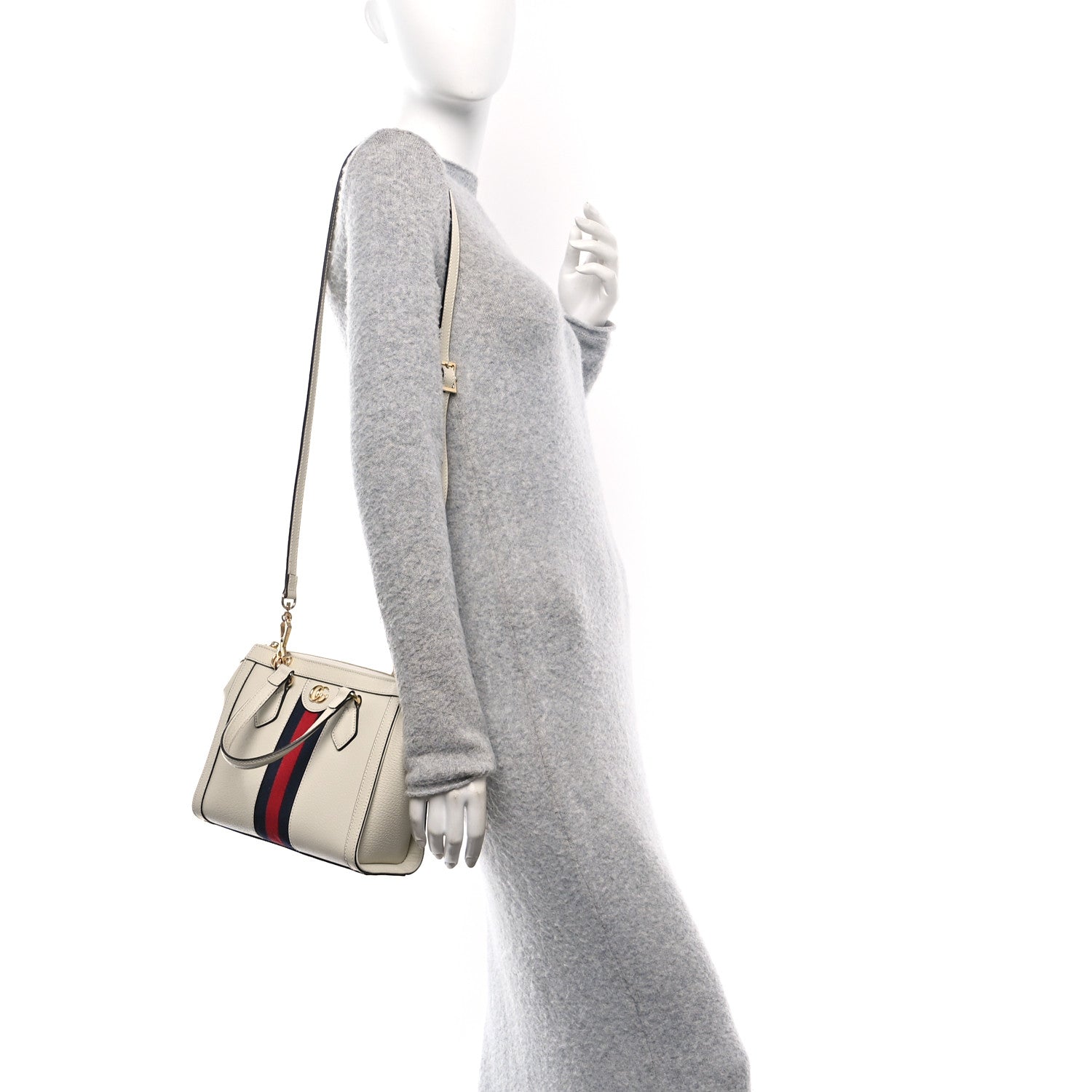 Textured Calfskin Web Small Ophidia Tote Bag Mystic White