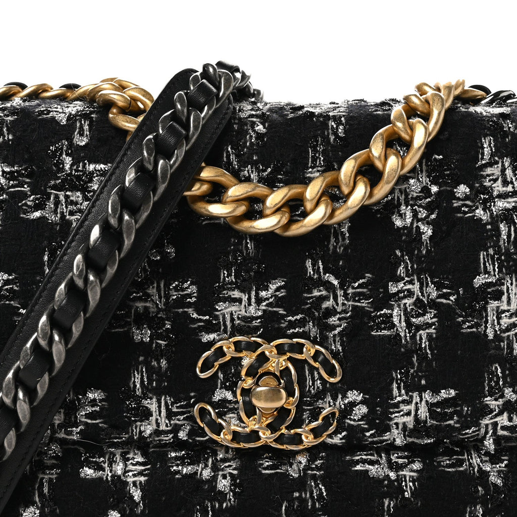 Tweed Quilted Medium Chanel 19 Flap Black Silver Ecru