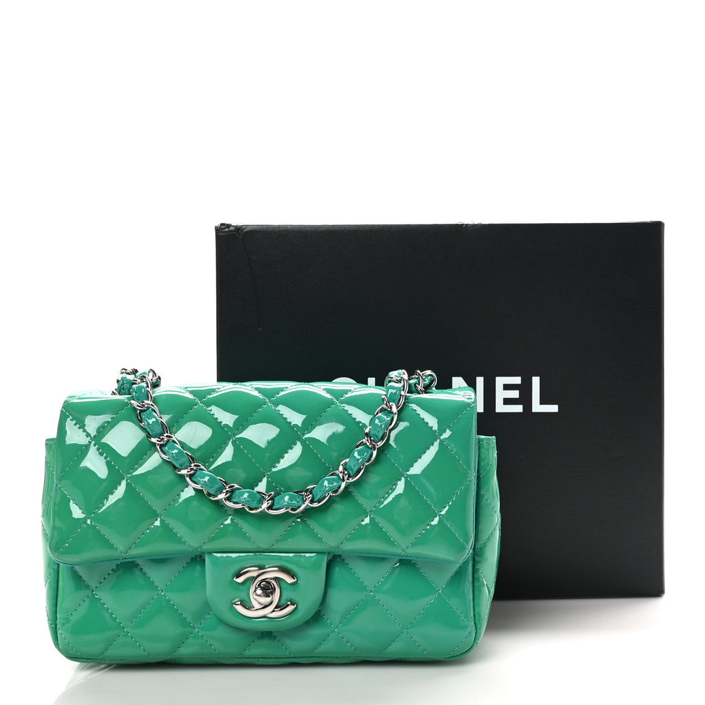Patent Calfskin Quilted Mini Rectangular Flap Green