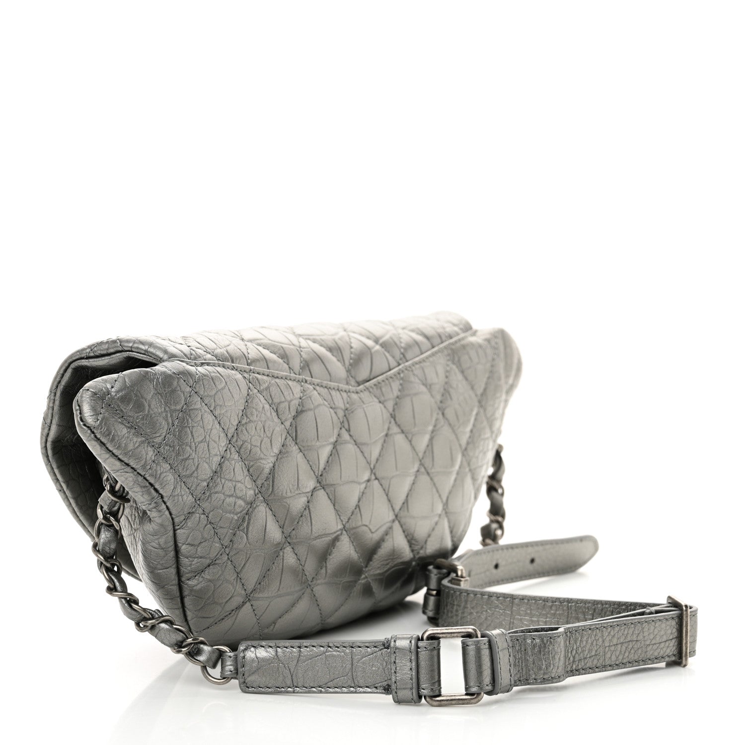Metallic Calfskin Crocodile Embossed Quilted Easy Trip Waist Bag Fanny Pack Silver