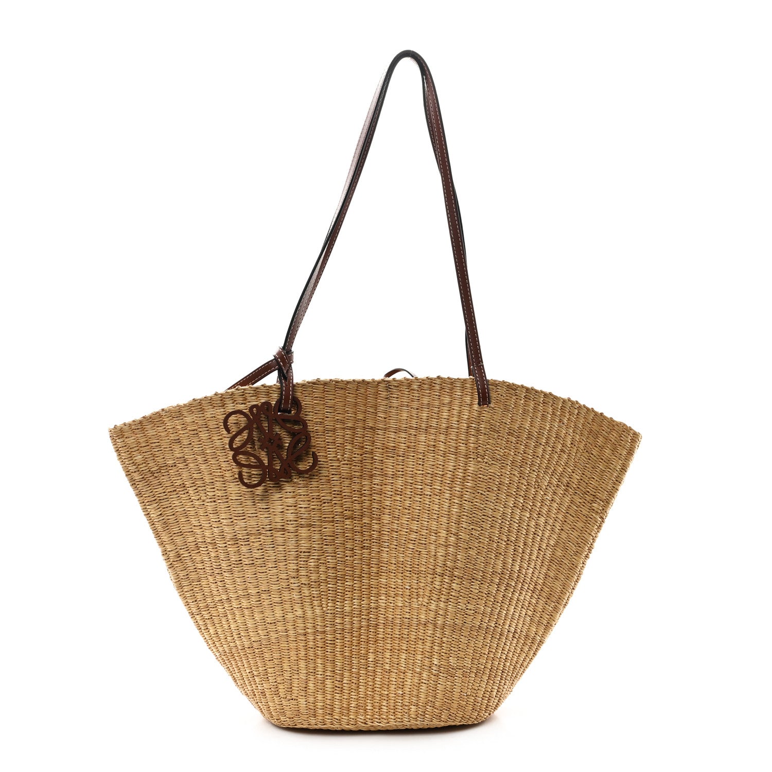 Raffia Calfskin Shell Basket Tote Natural Pecan