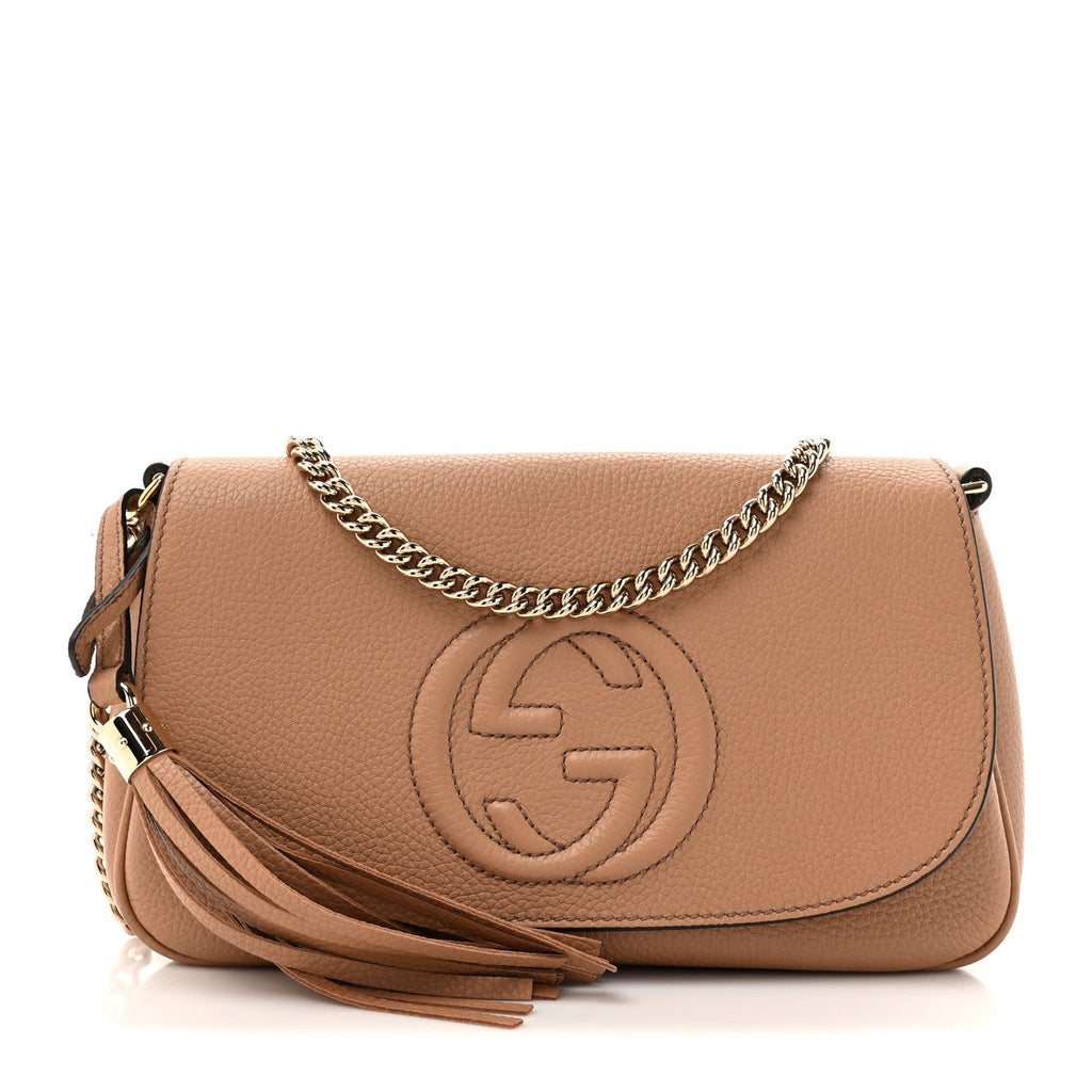 Pebbled Calfskin Medium Soho Flap Crossbody Camelia