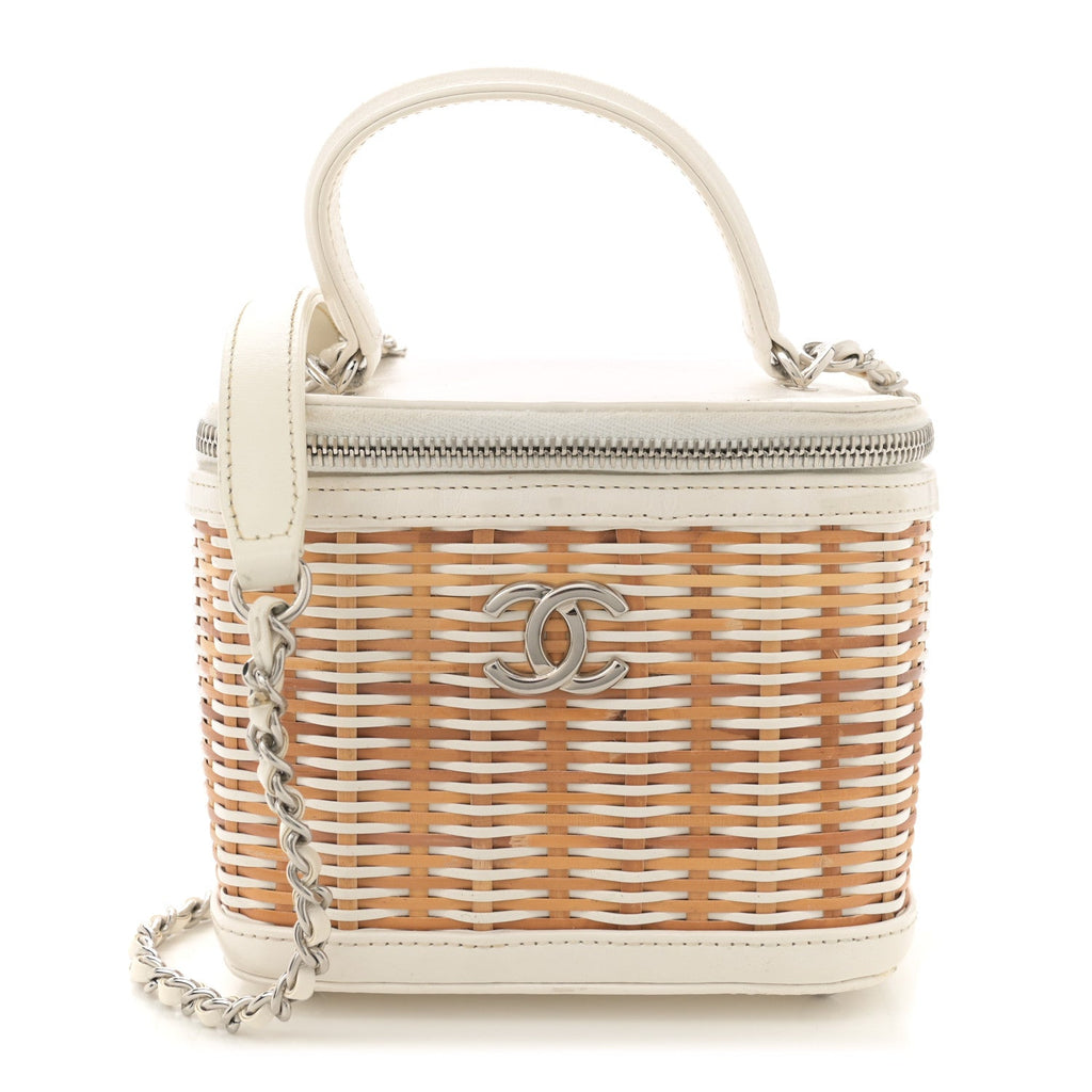 Calfskin Raffia Small Vanity Case Bag White Beige