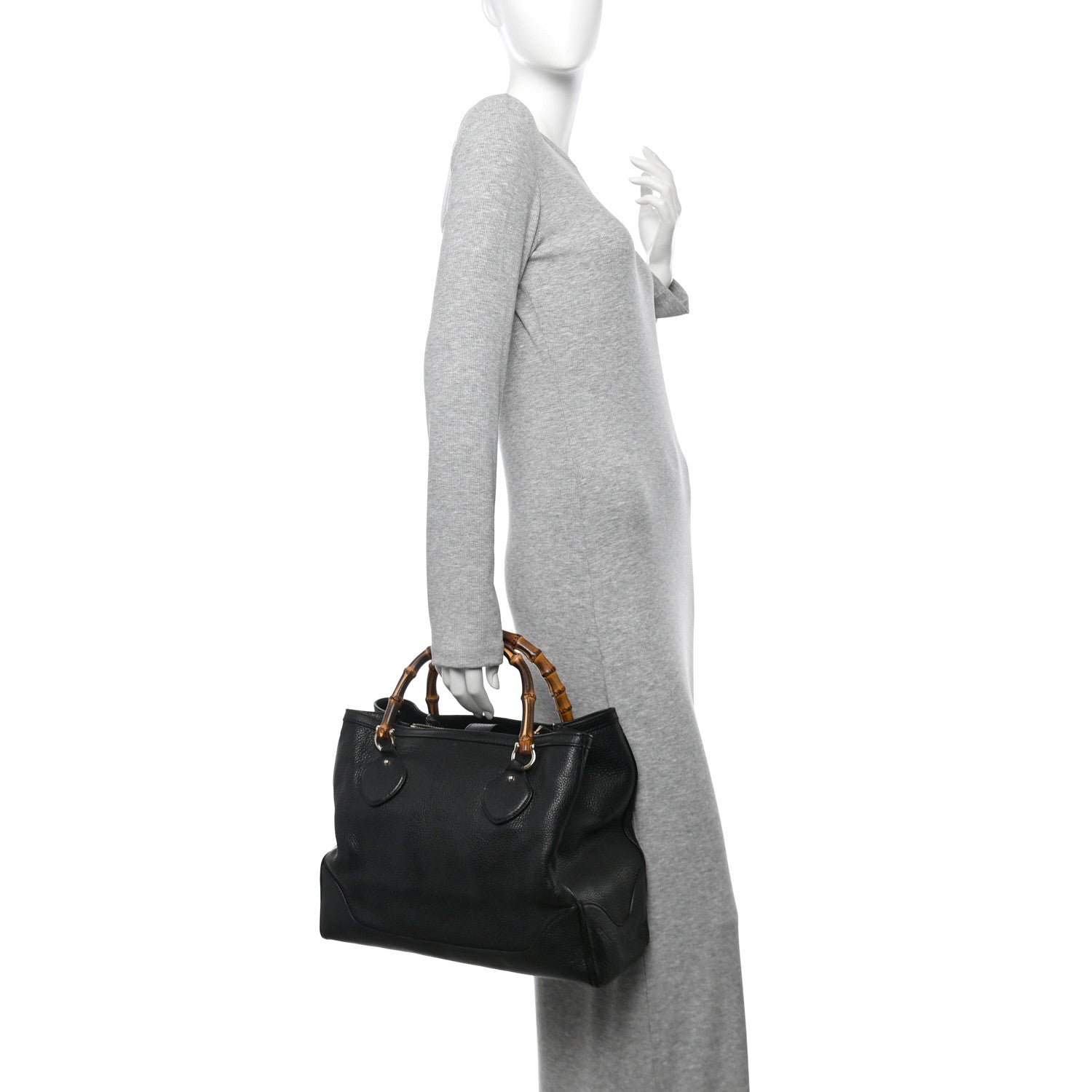 Grained Calfskin Medium Diana Bamboo Top Handle Tote Black