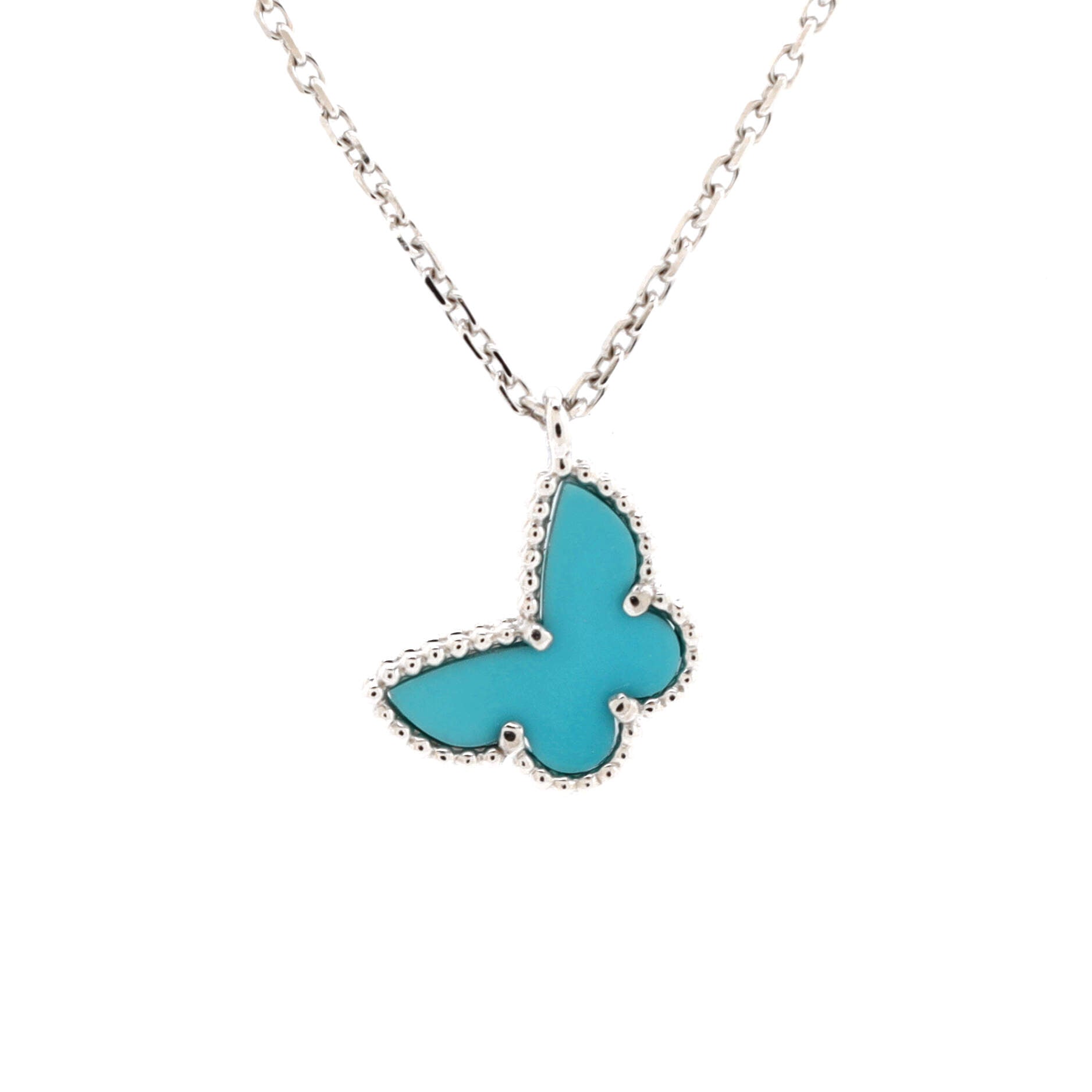 Sweet Alhambra Butterfly Pendant Necklace 18K White Gold with Turquoise