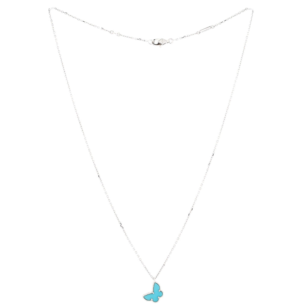 Sweet Alhambra Butterfly Pendant Necklace 18K White Gold with Turquoise