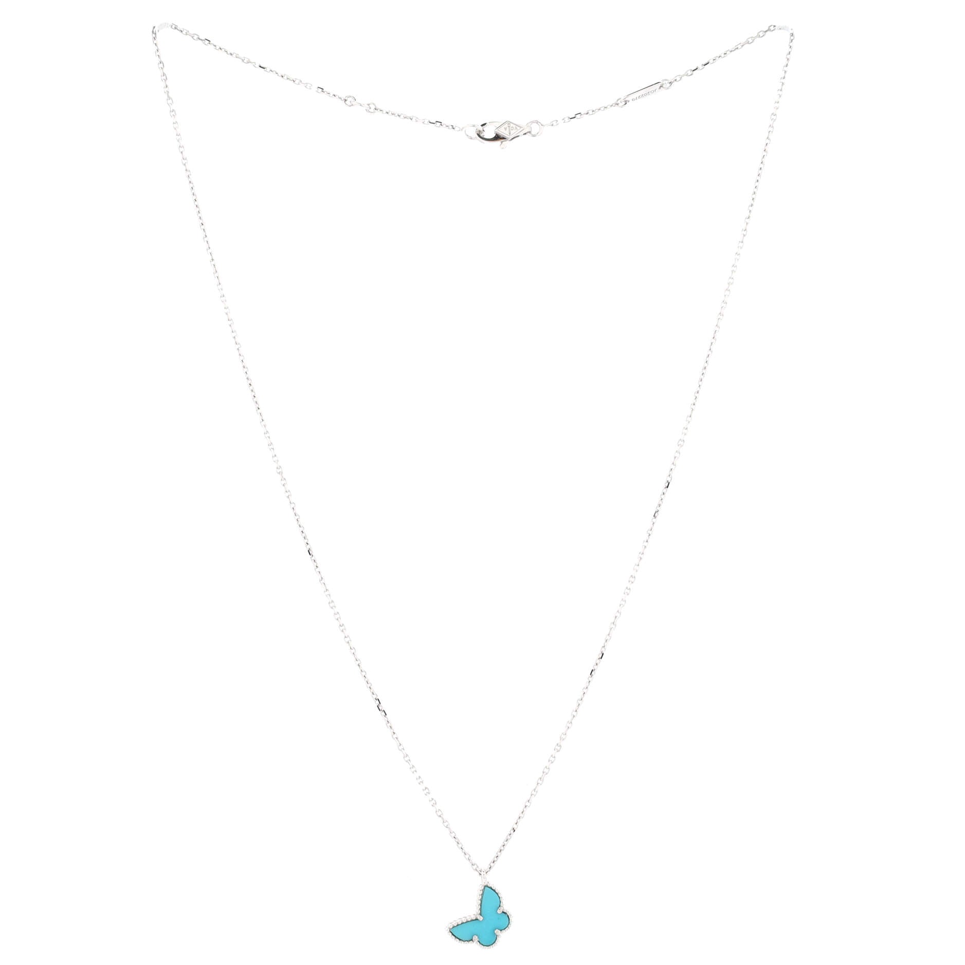 Sweet Alhambra Butterfly Pendant Necklace 18K White Gold with Turquoise