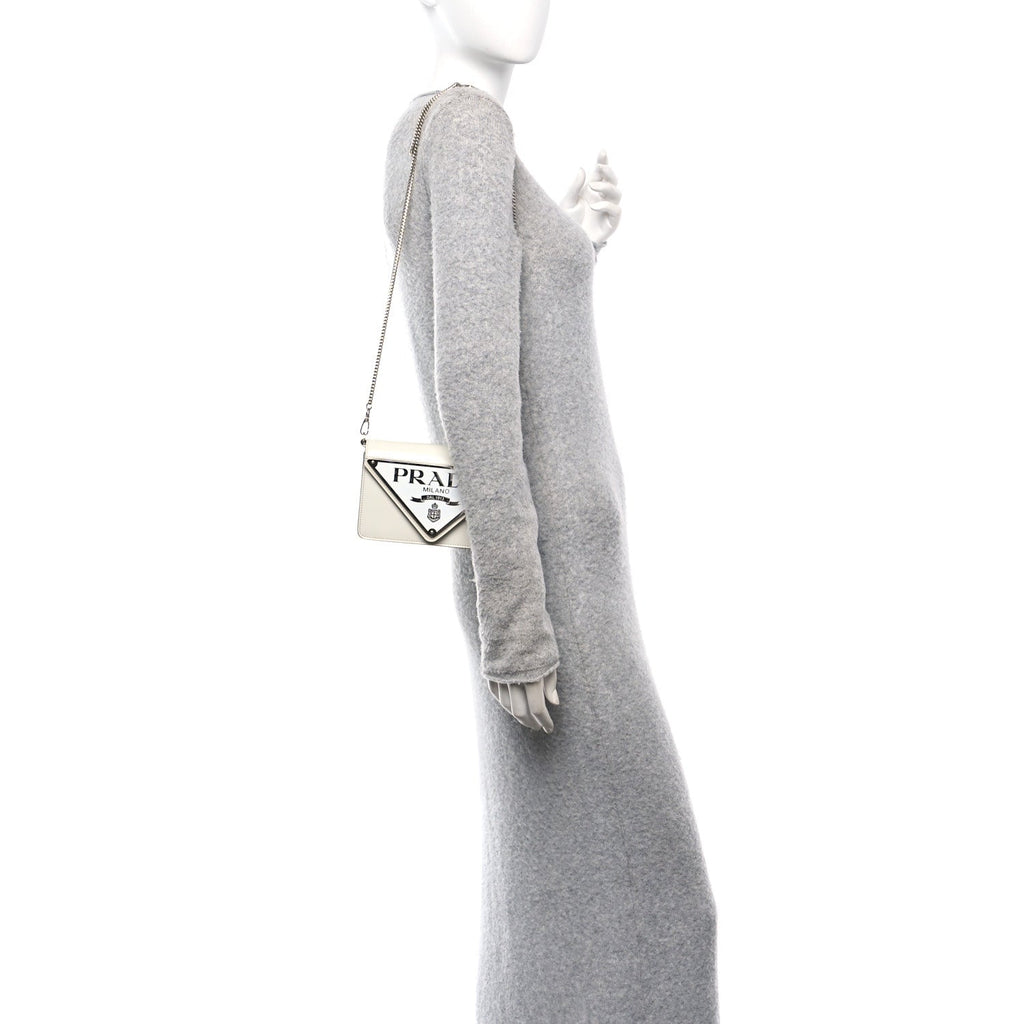 Spazzolato Triangle Logo Plate Flap Chain Crossbody Bag White