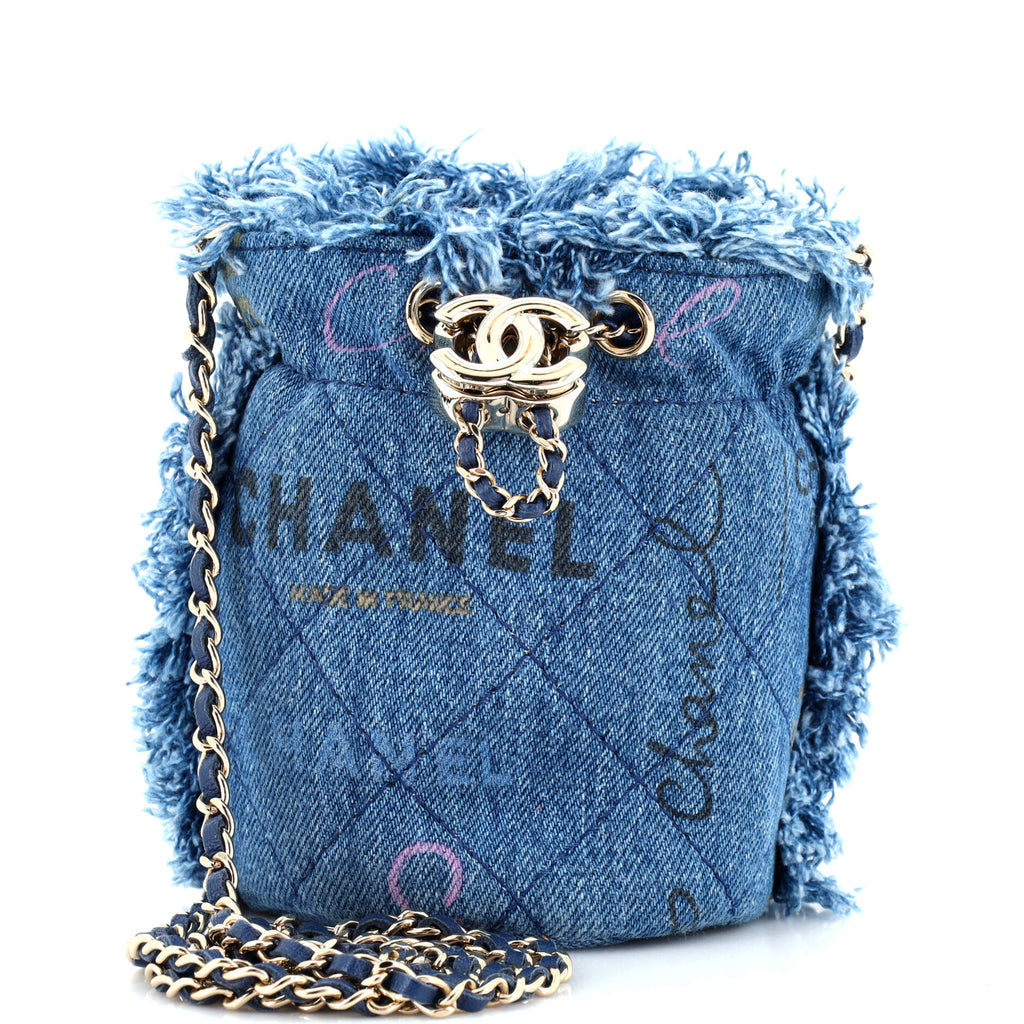 Denim Mood Chain Bucket Bag Logo Printed Quilted Fringe Denim Mini